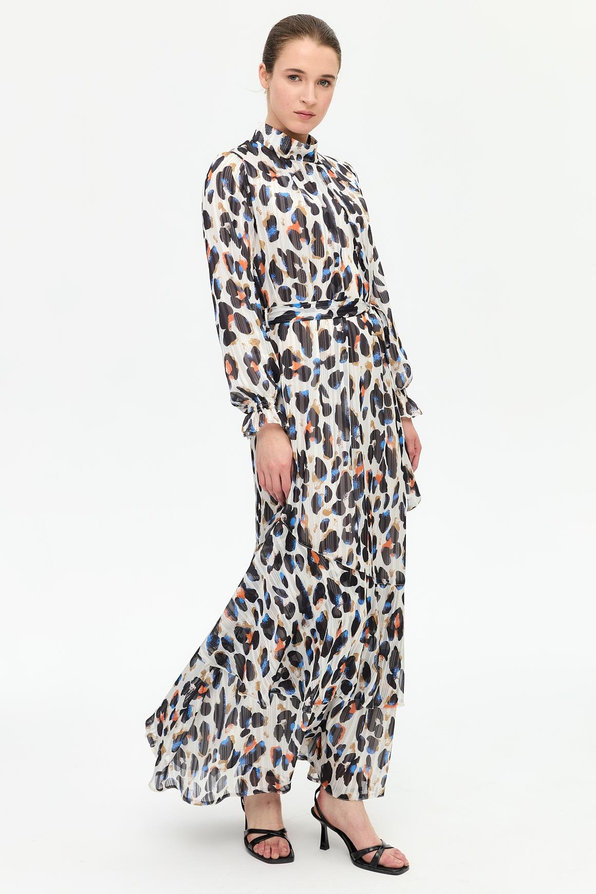 Leke Desenli Empirime Elbise  Ekru