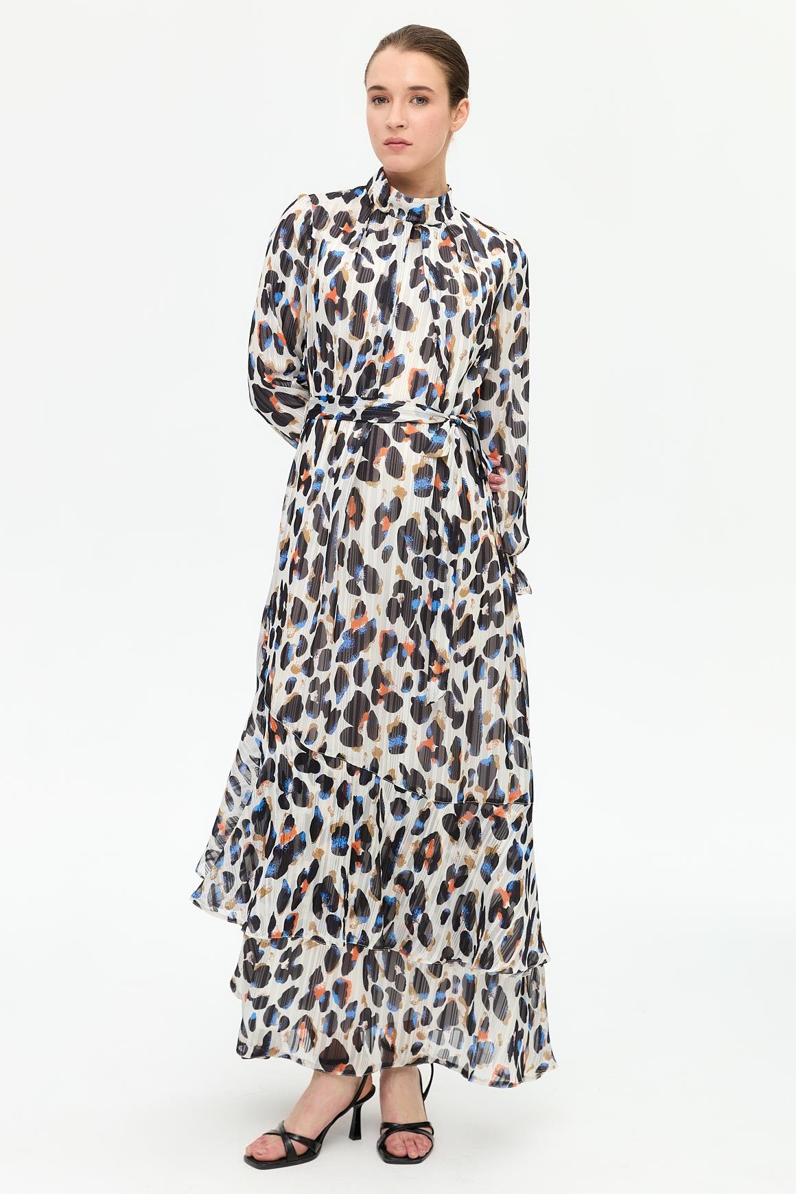 Leke Desenli Empirime Elbise  Ekru