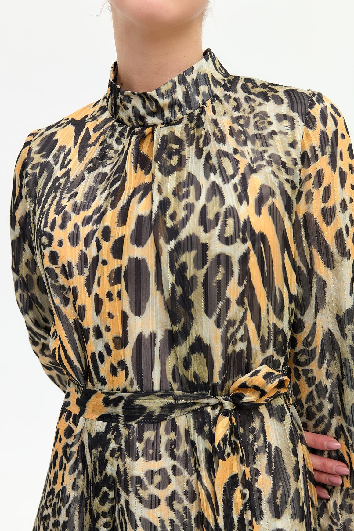 Leopar Desenli Empirime Elbise  Kahve