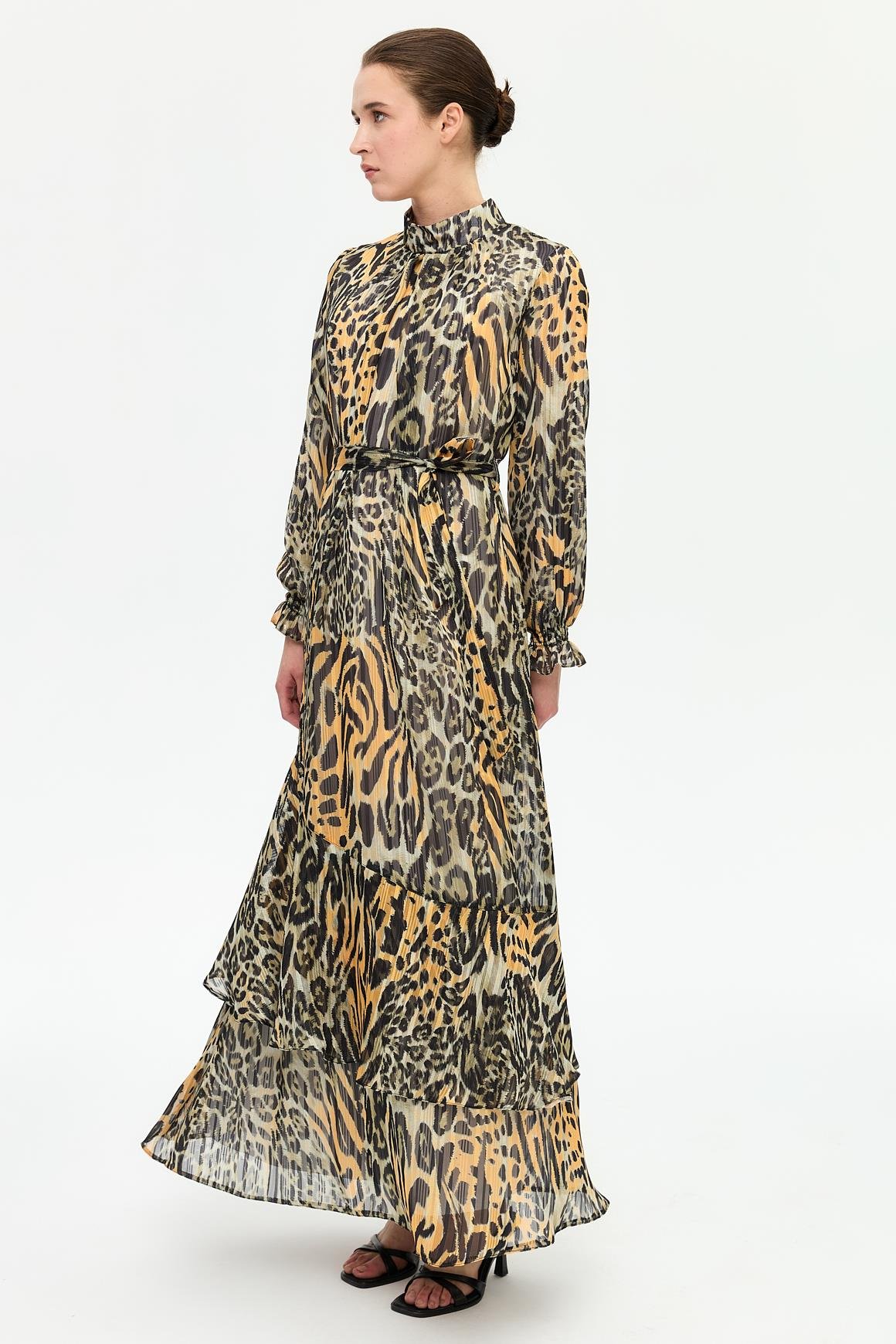 Leopar Desenli Empirime Elbise  Kahve