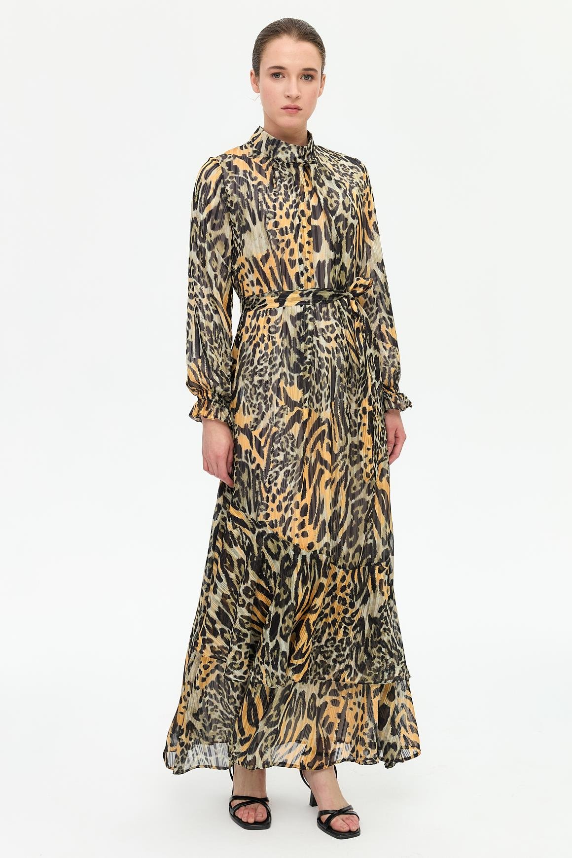 Leopar Desenli Empirime Elbise  Kahve