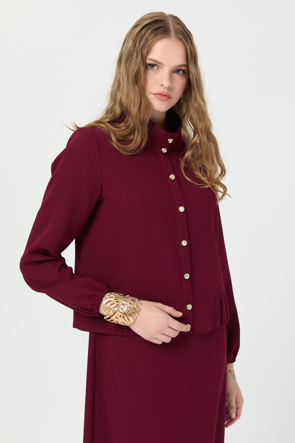 Büzgü Detaylı Elbiseli Takım  Bordo