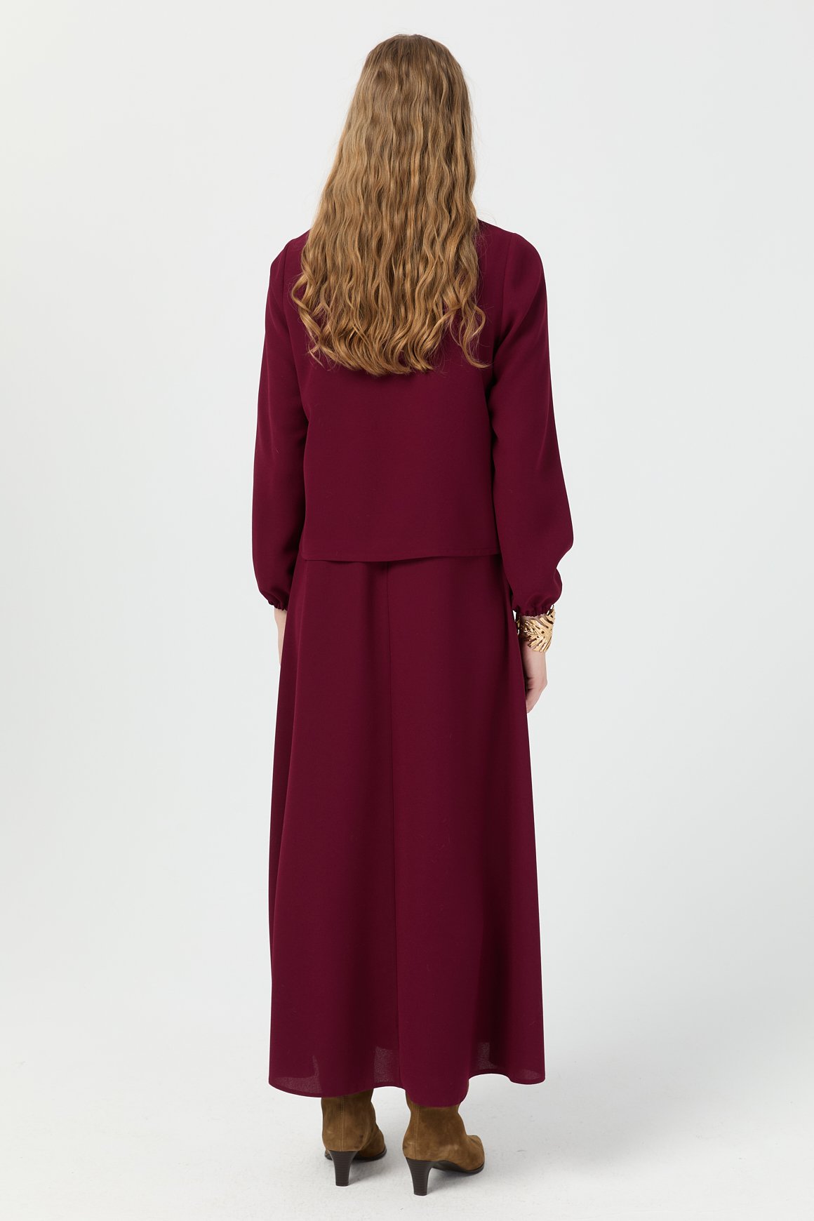 Büzgü Detaylı Elbiseli Takım  Bordo