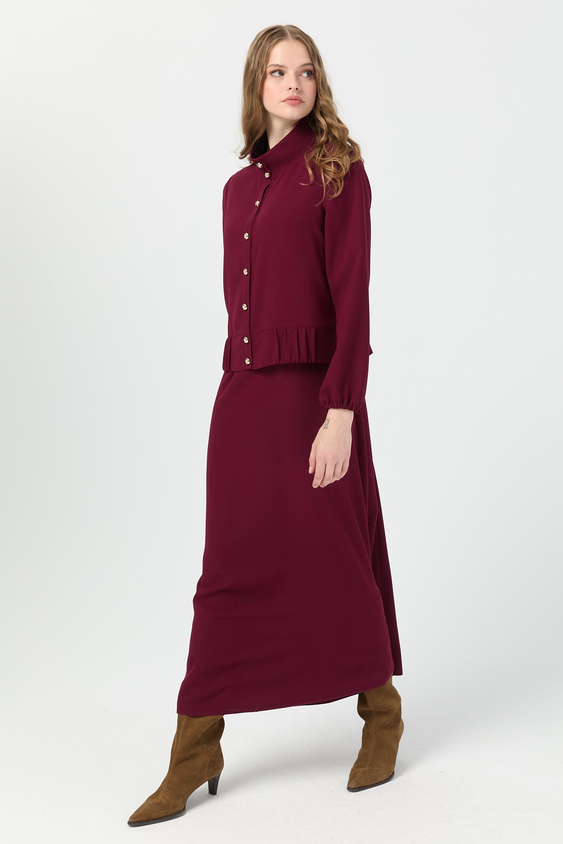 Büzgü Detaylı Elbiseli Takım  Bordo