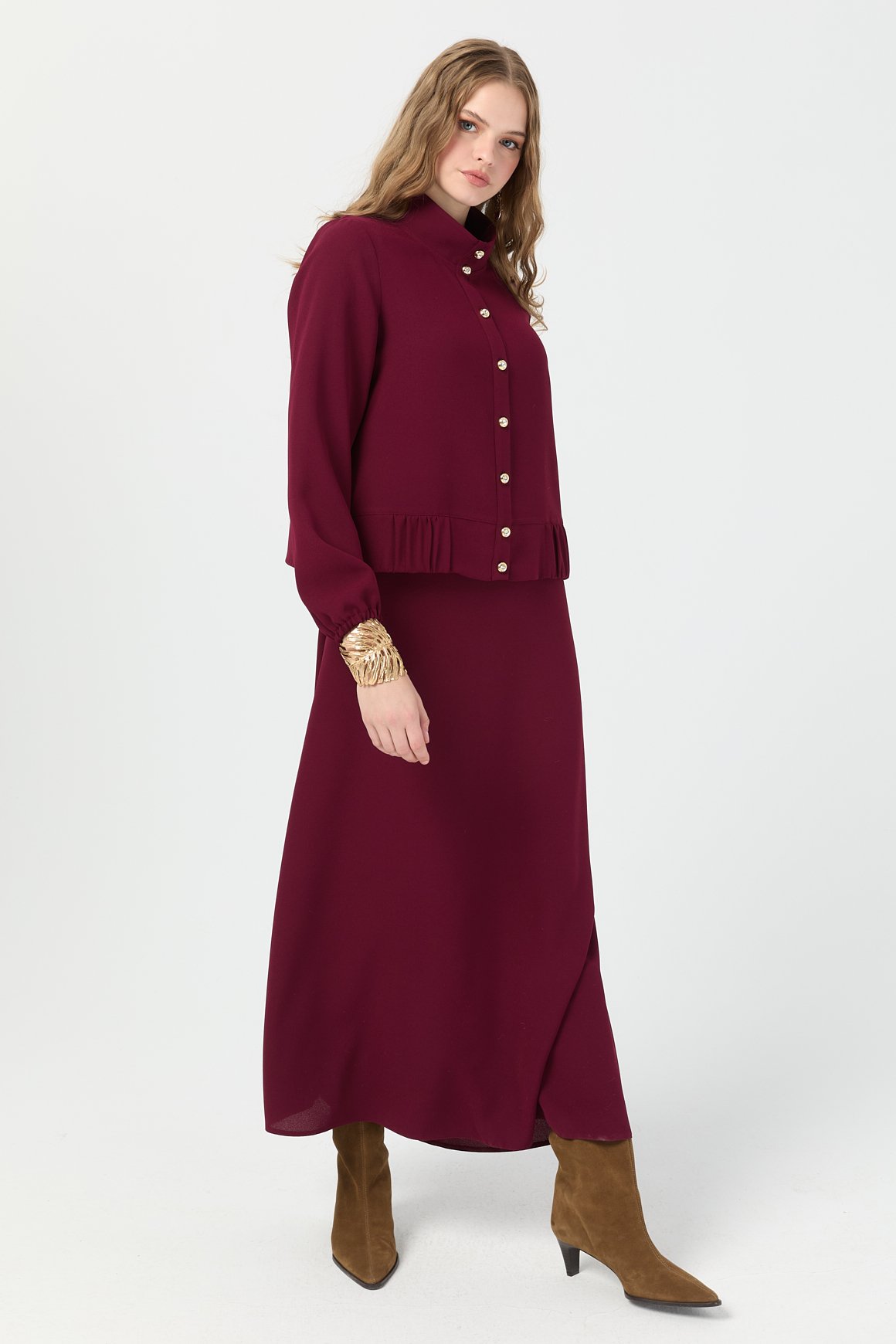 Büzgü Detaylı Elbiseli Takım  Bordo