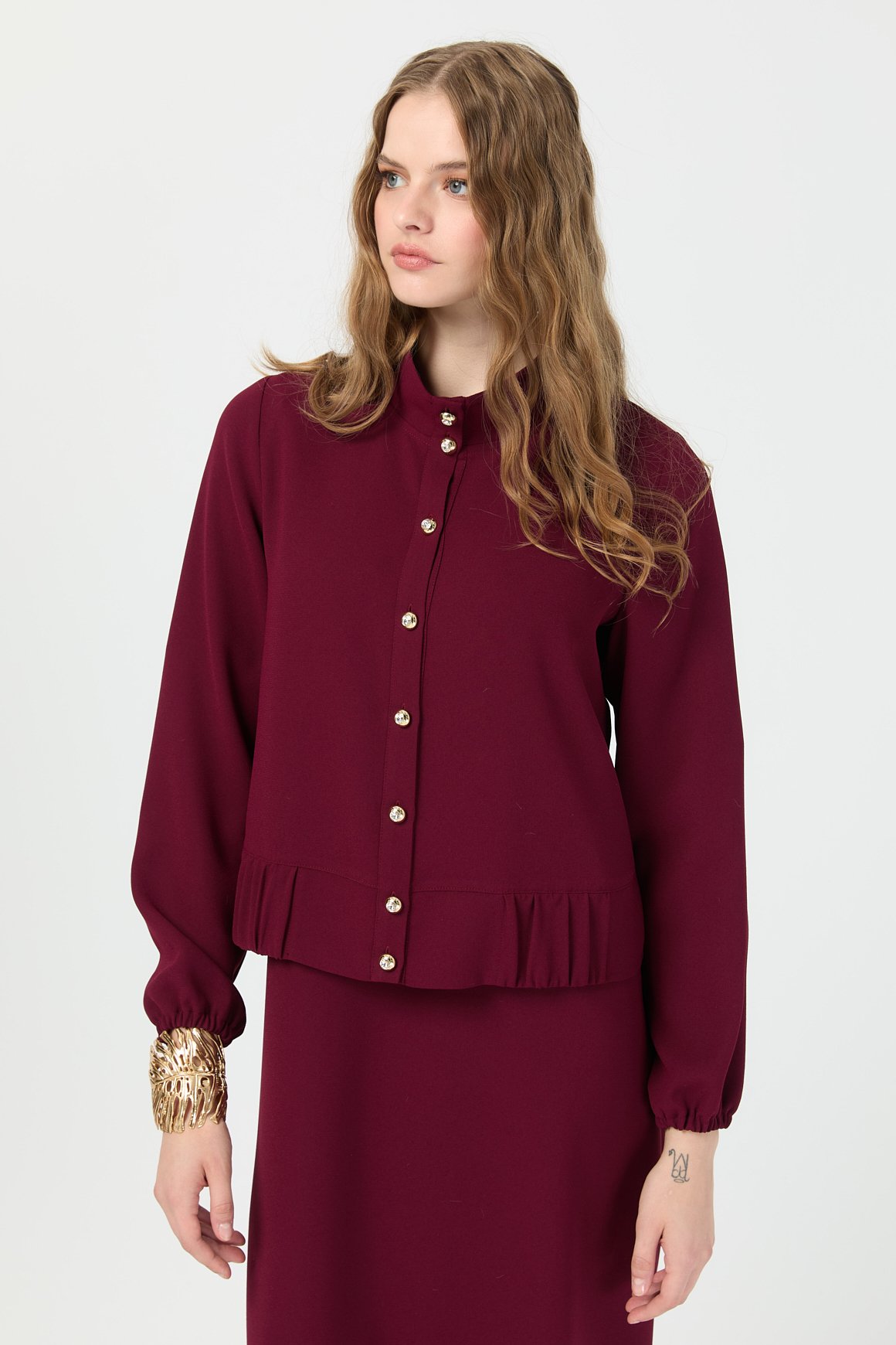 Büzgü Detaylı Elbiseli Takım  Bordo