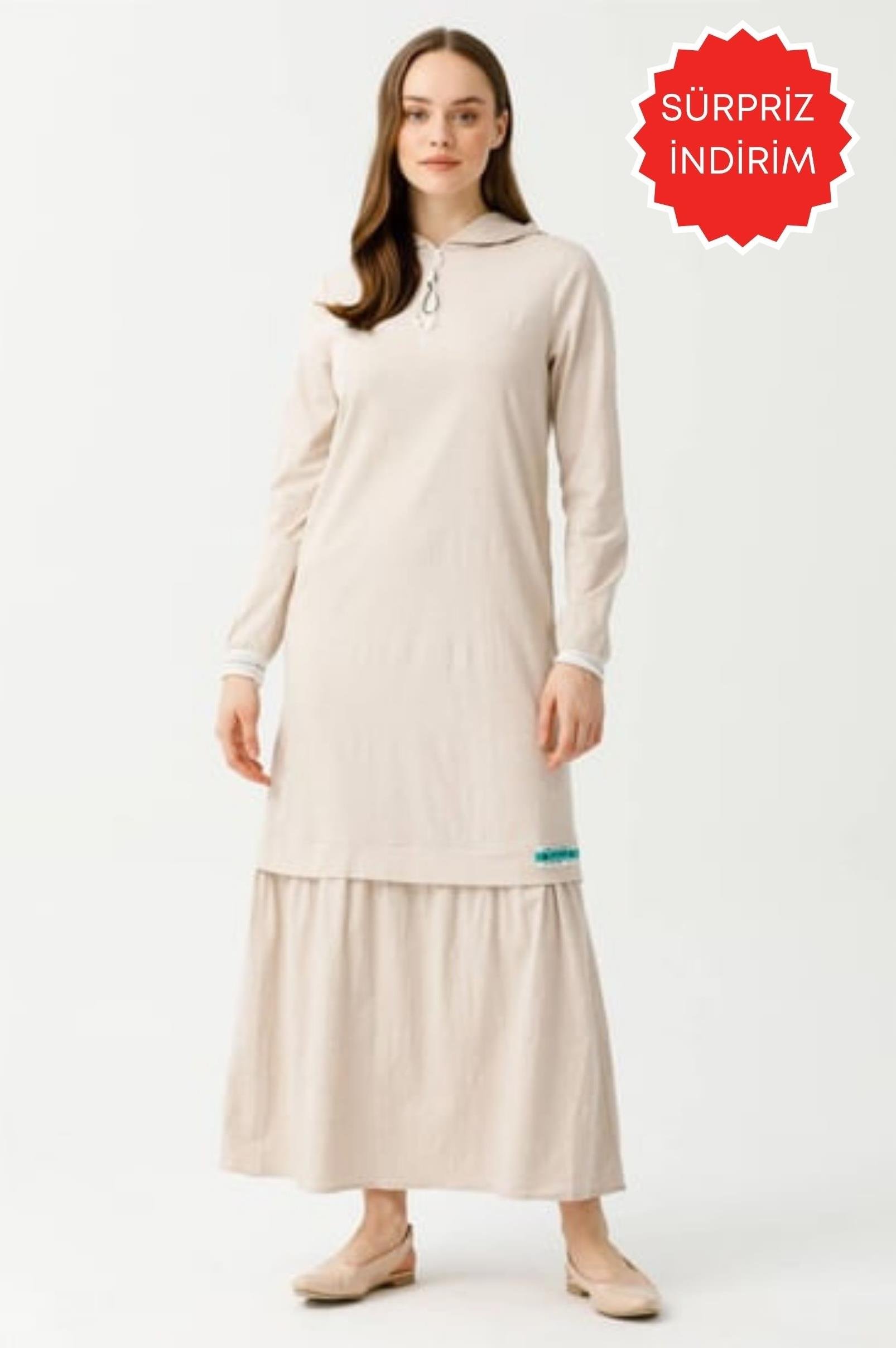 Pamuk Keten Kumaştan Rahat Kullanımlı Elbise  Bej