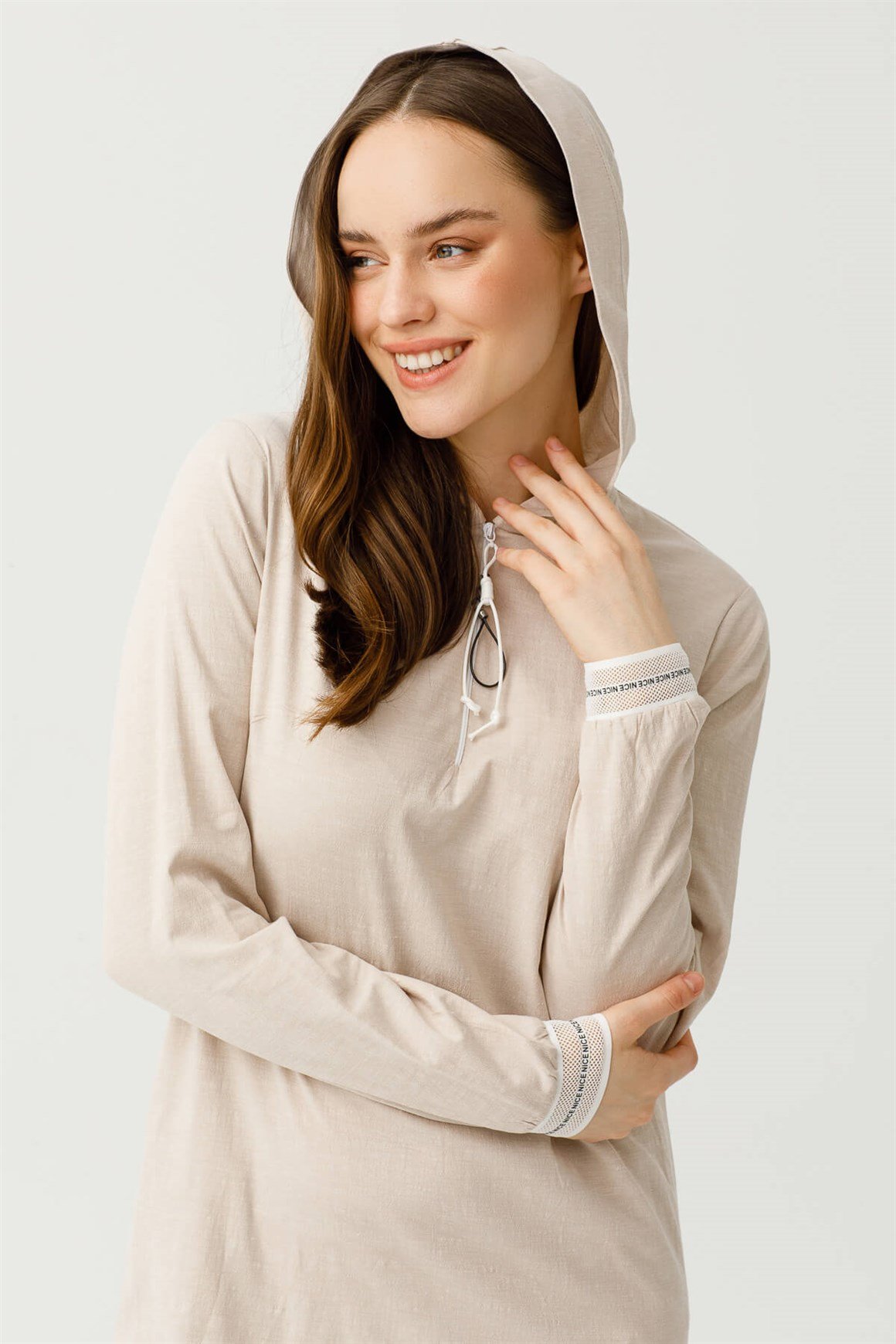 Pamuk Keten Kumaştan Rahat Kullanımlı Elbise  Bej