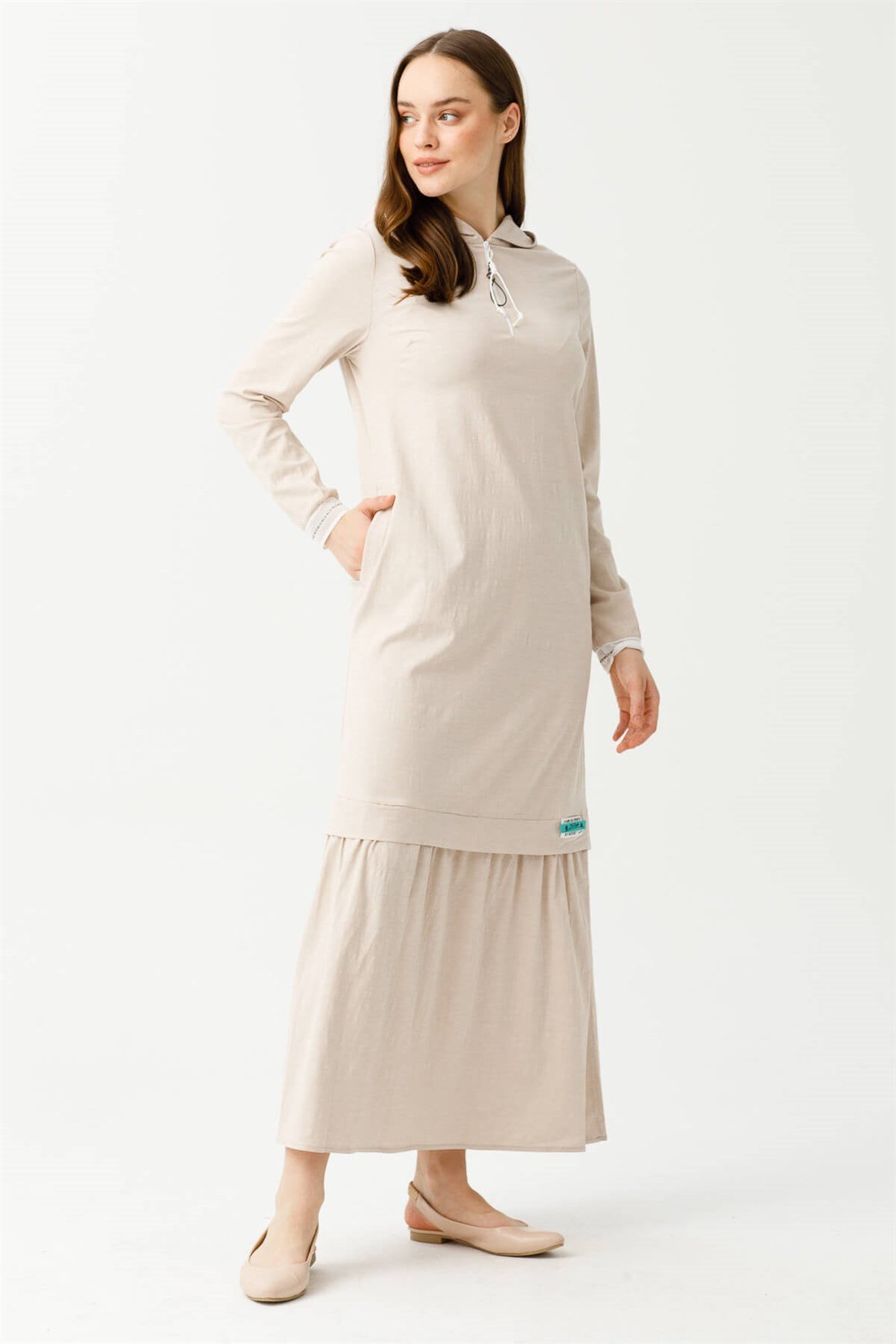 Pamuk Keten Kumaştan Rahat Kullanımlı Elbise  Bej