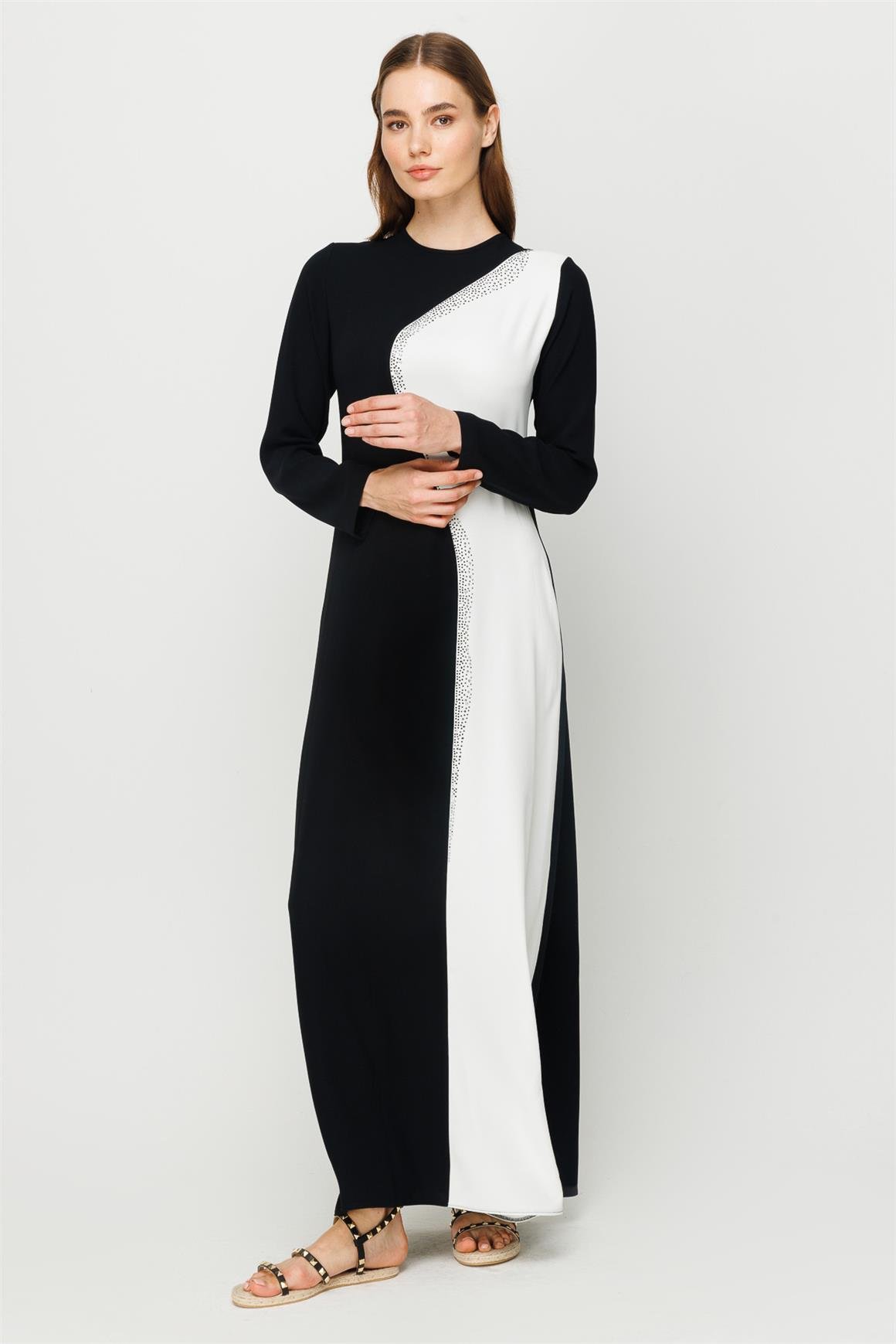 Taş İşi Detaylı Renk Geçişli Şık Narin Elbise  Ekru