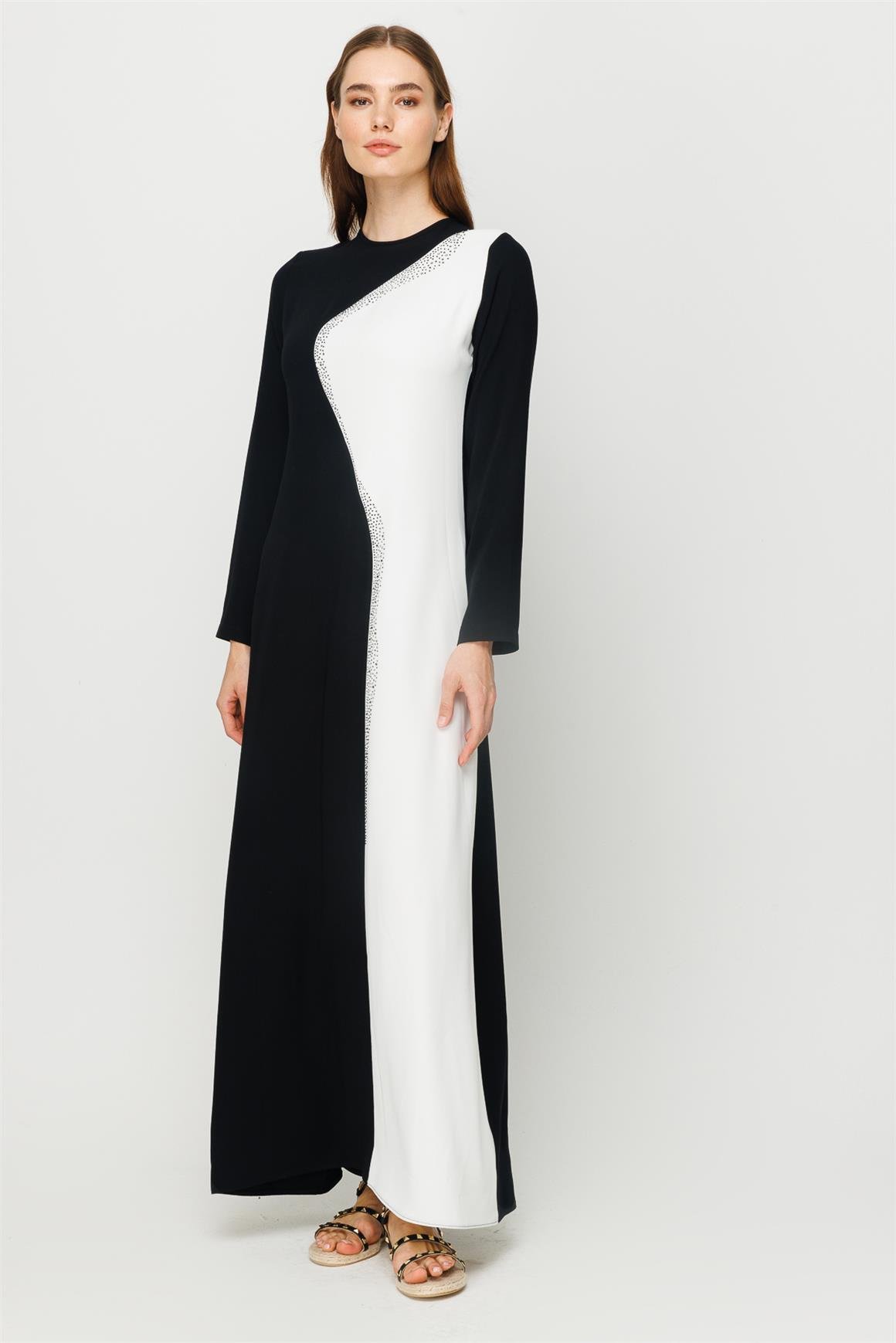 Taş İşi Detaylı Renk Geçişli Şık Narin Elbise  Ekru