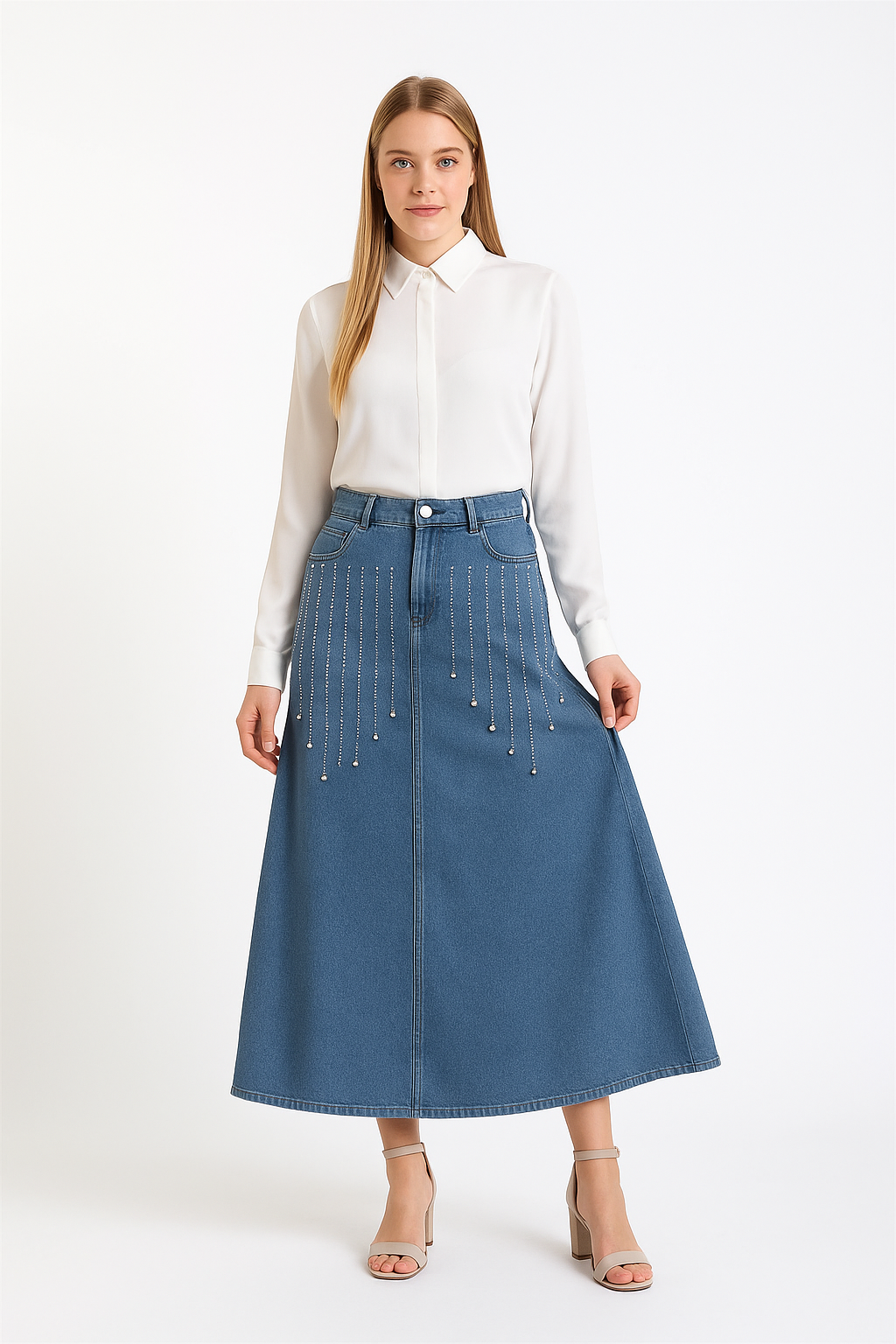 İnci Taş Detaylı Kot Etek  Laci