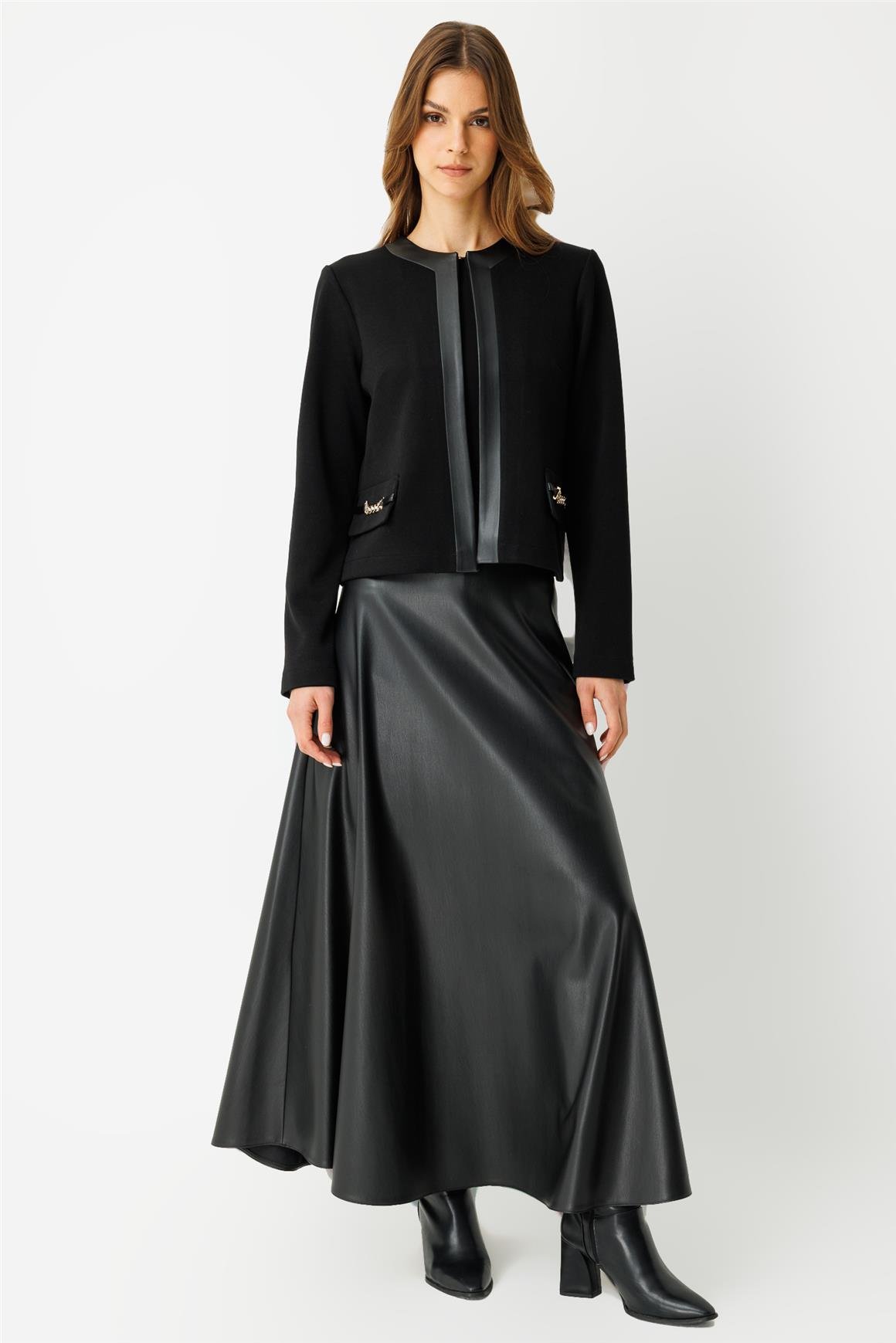 Deri Etekli Takım  Siyah