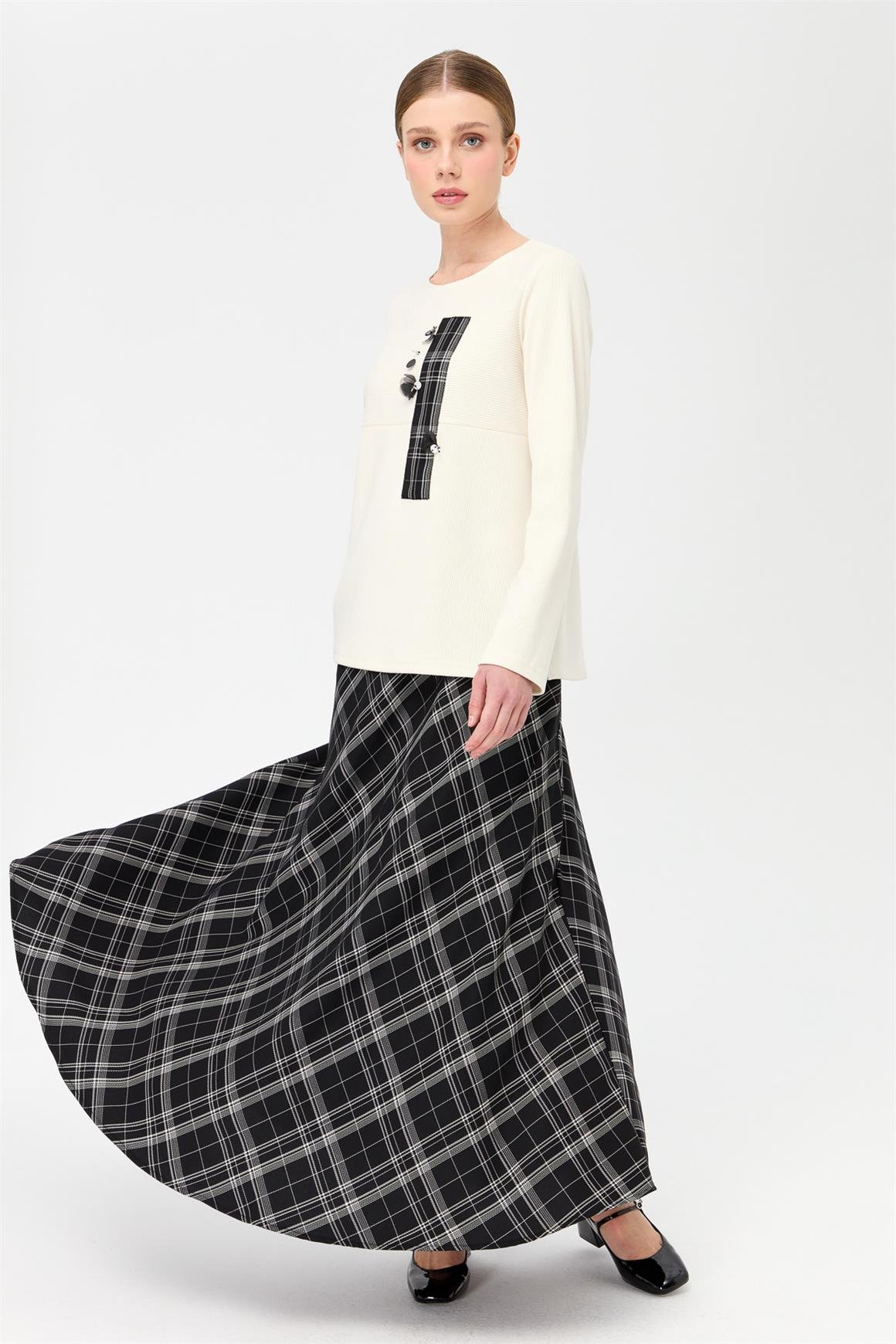 Ekose Desenli Etek Bluz Takım  Siyah