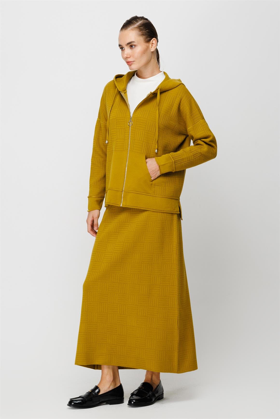 Hasır Desenli Triko Etekli Takım  Fıstık Yeşili