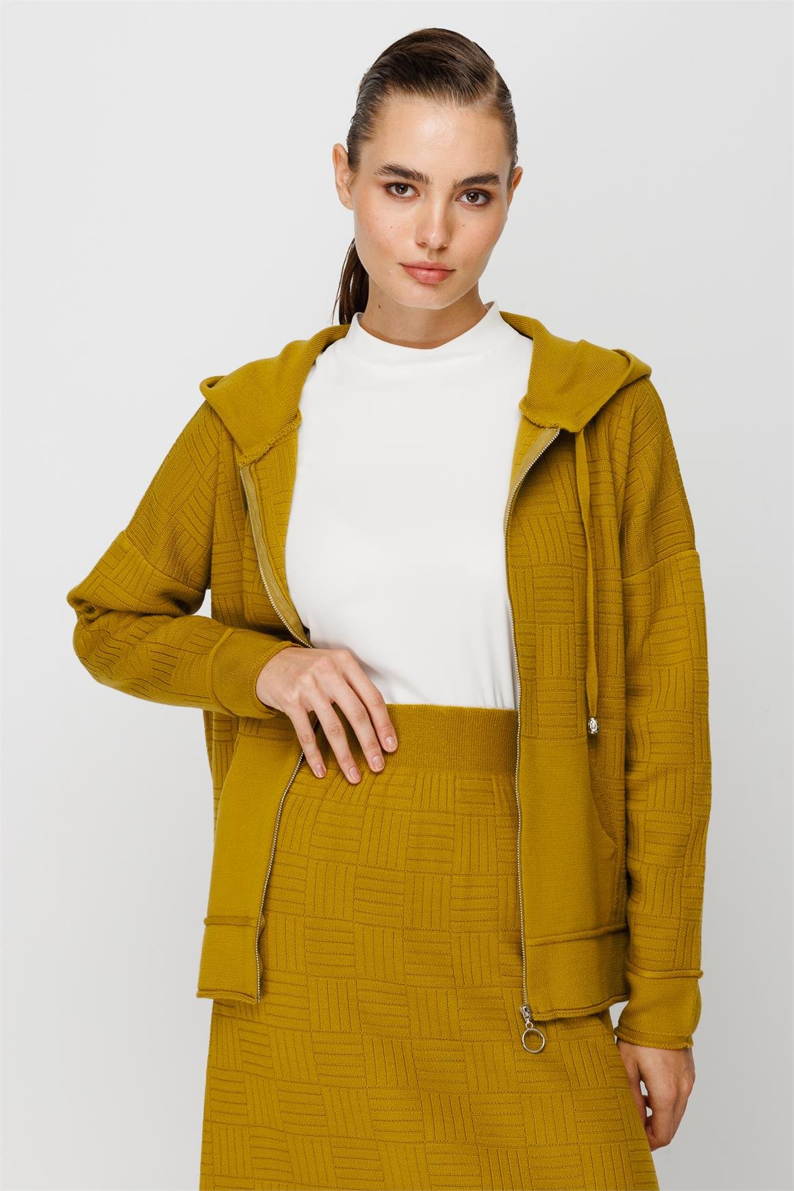 Hasır Desenli Triko Etekli Takım  Fıstık Yeşili