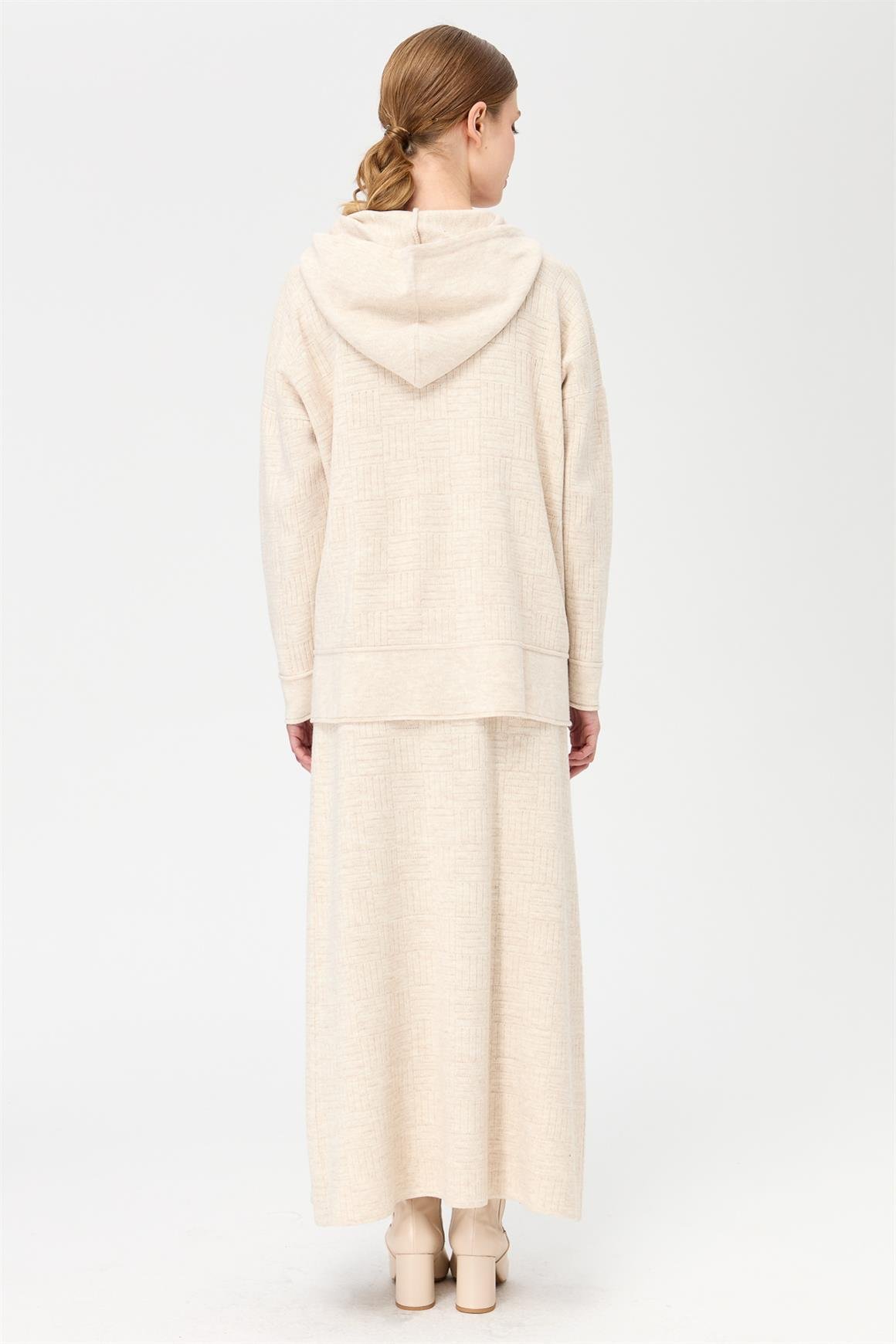 Hasır Desenli Triko Etekli Takım  Bej