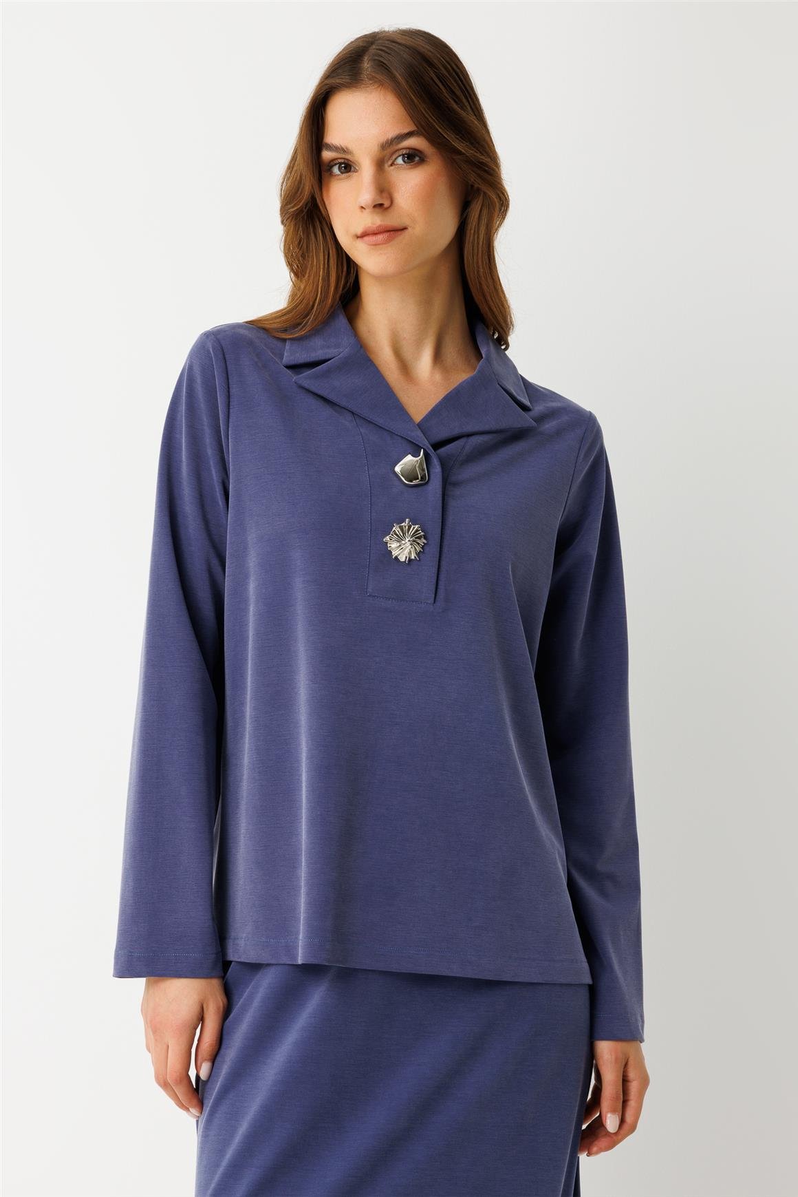 İri Düğmeli Etekli Takım  İndigo