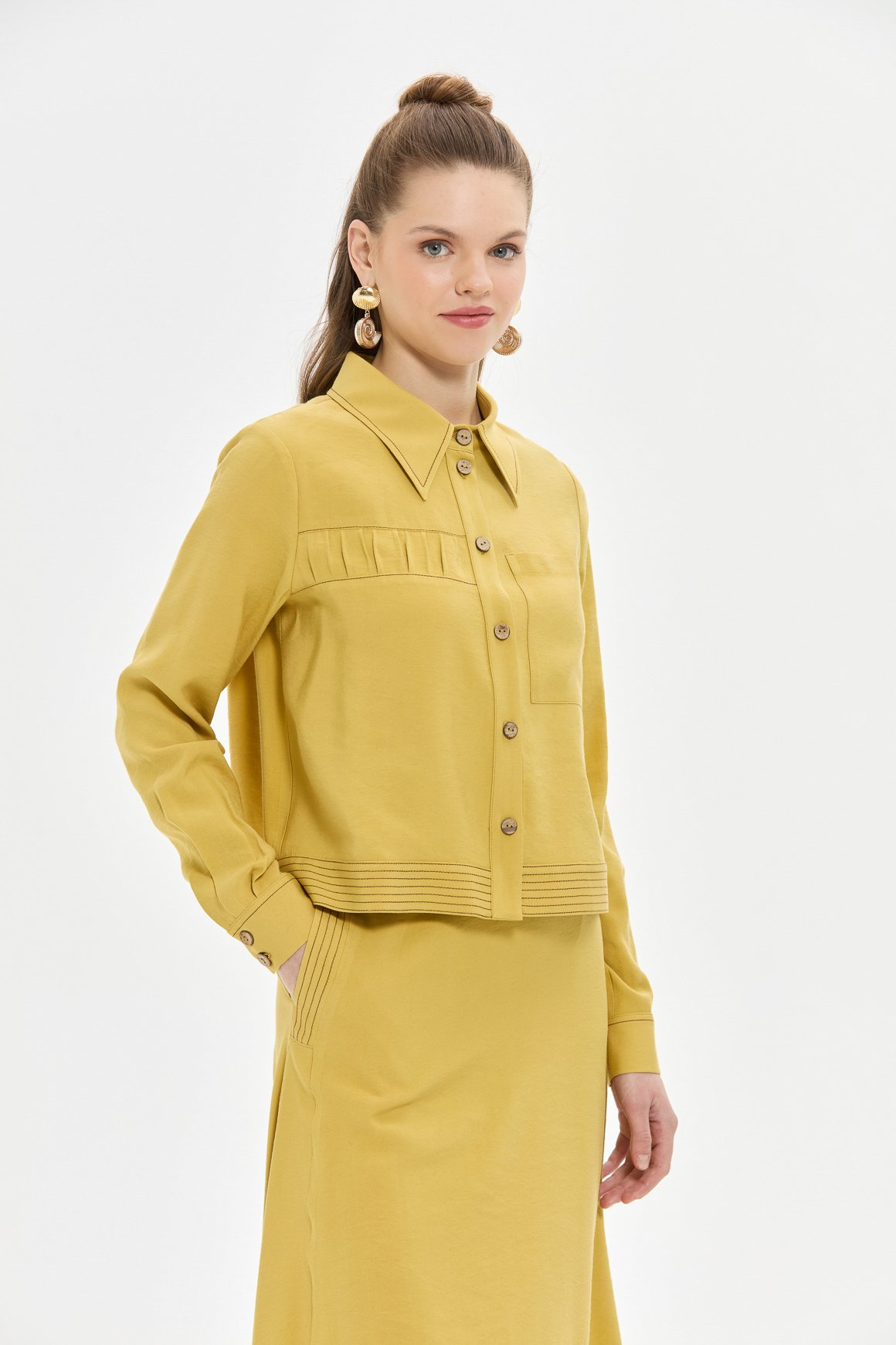Keten Tencel Büzgü Detaylı Etekli Takım  Asit