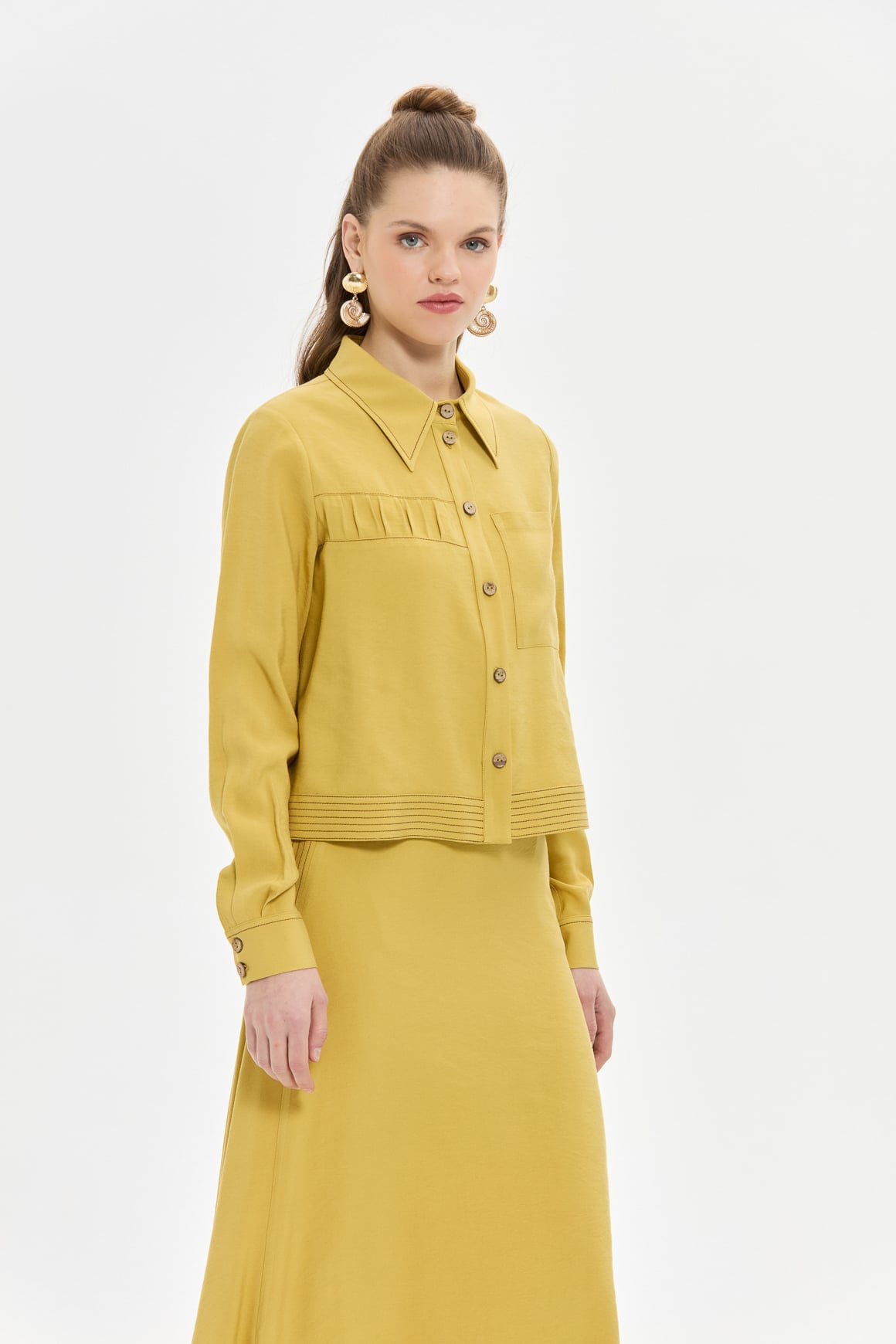 Keten Tencel Büzgü Detaylı Etekli Takım  Asit