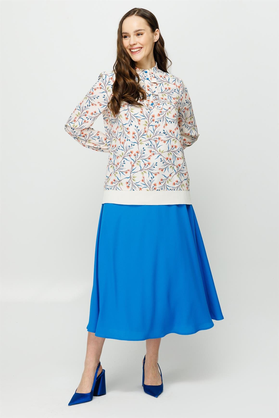 Sarmaşık Desenli Etek Bluz Takım  Turkuaz