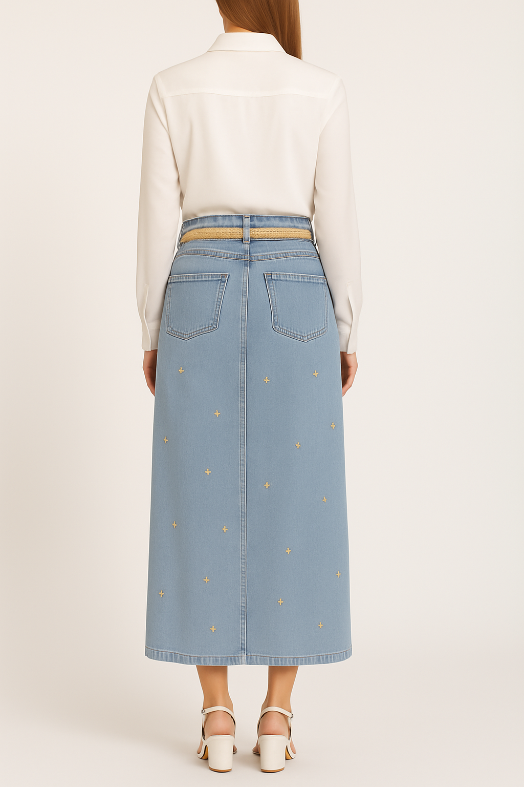 Önden Düğmeli Papatya Nakışlı Hasır Kemerli Kot Etek  Mavi