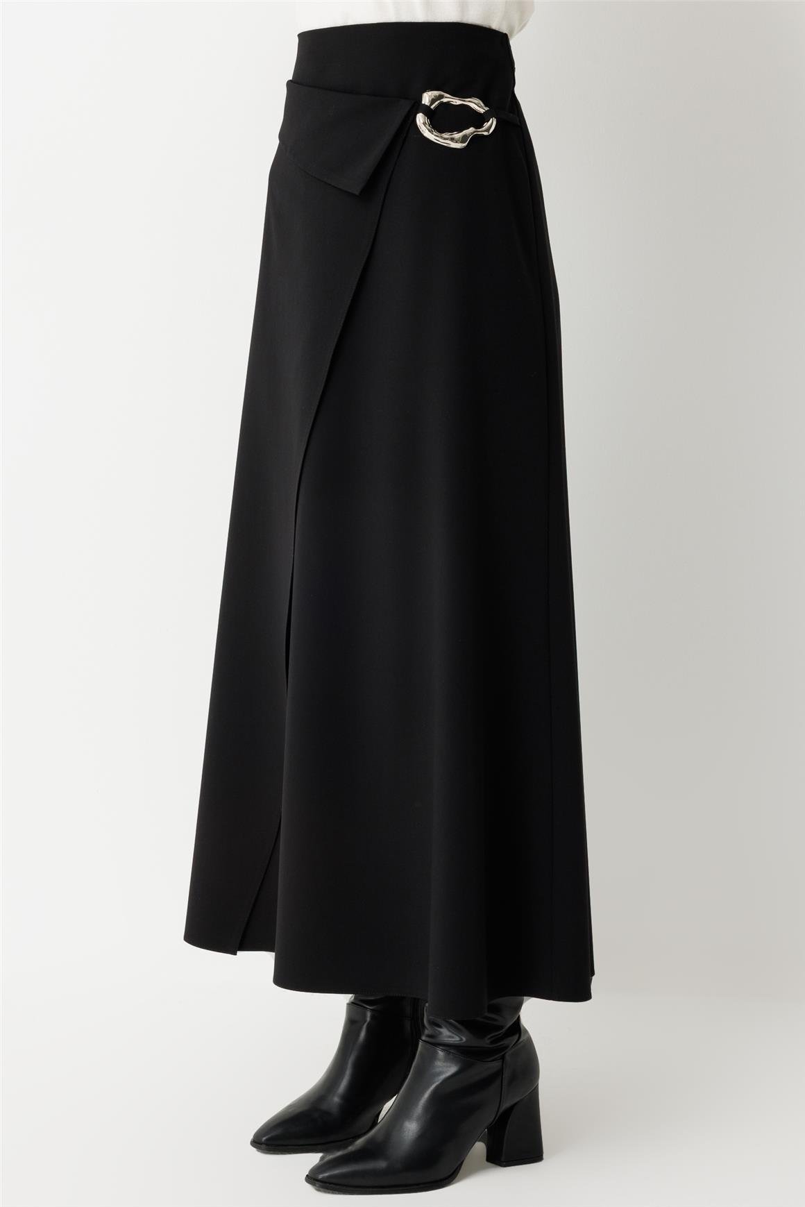 Toka Detaylı Anvelop Kapamalı Etek  Siyah