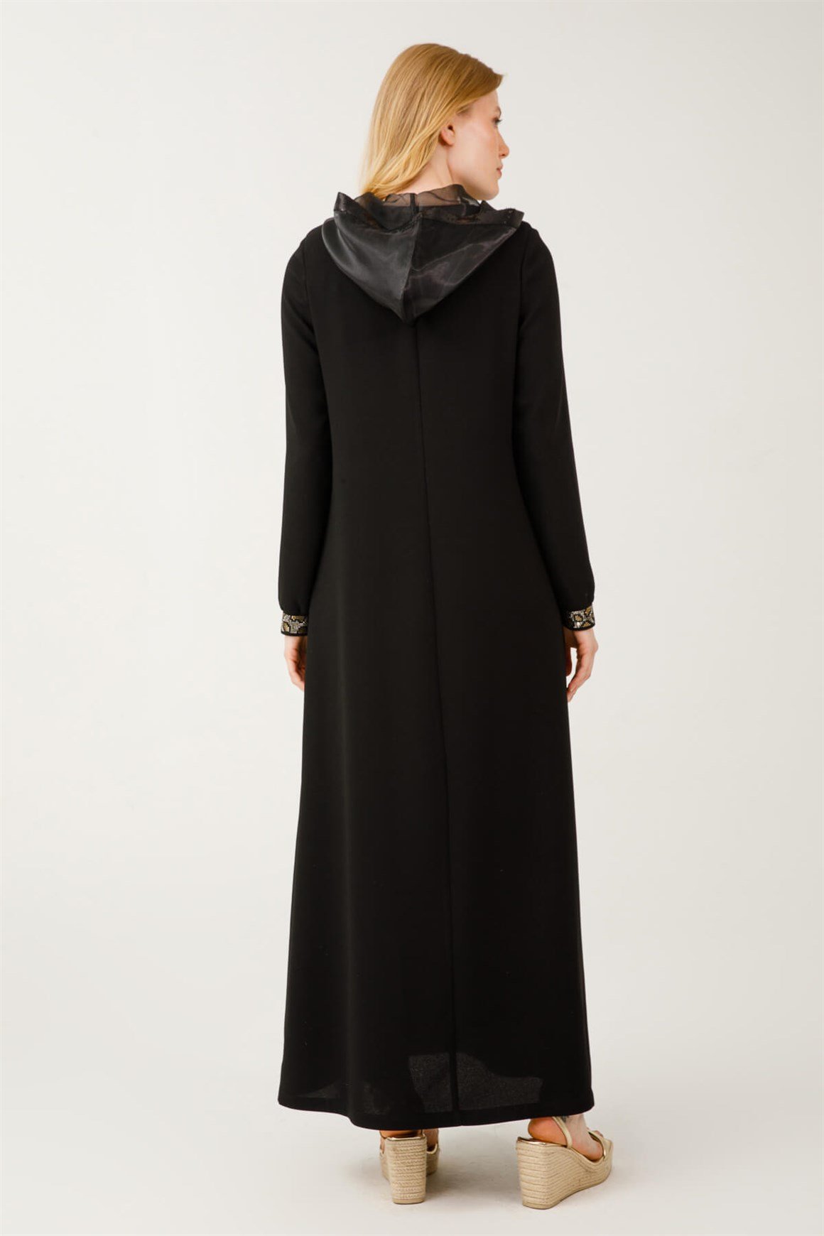 Cep ve Kapişonu Organze Detaylı Leopar Taş Yapıştırmalı Ferace  Siyah