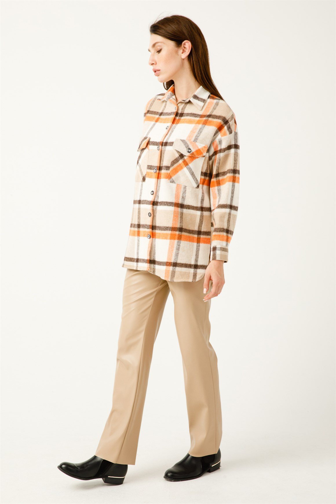 Çift Cep Ekose Gömlek  Oranj