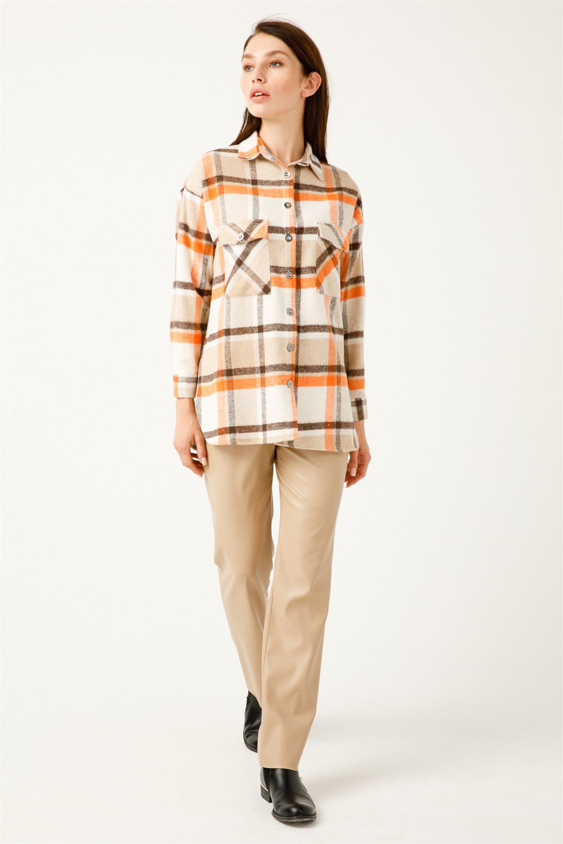 Çift Cep Ekose Gömlek  Oranj