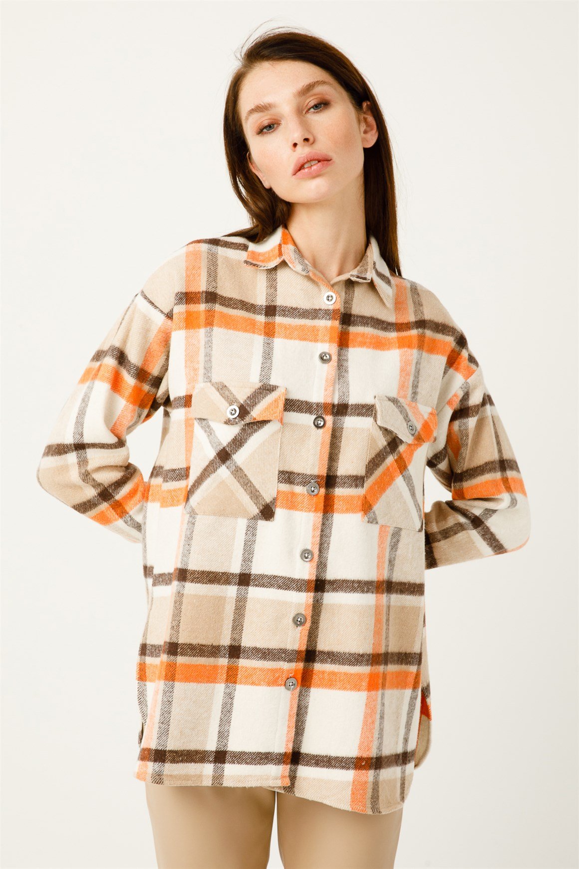 Çift Cep Ekose Gömlek  Oranj