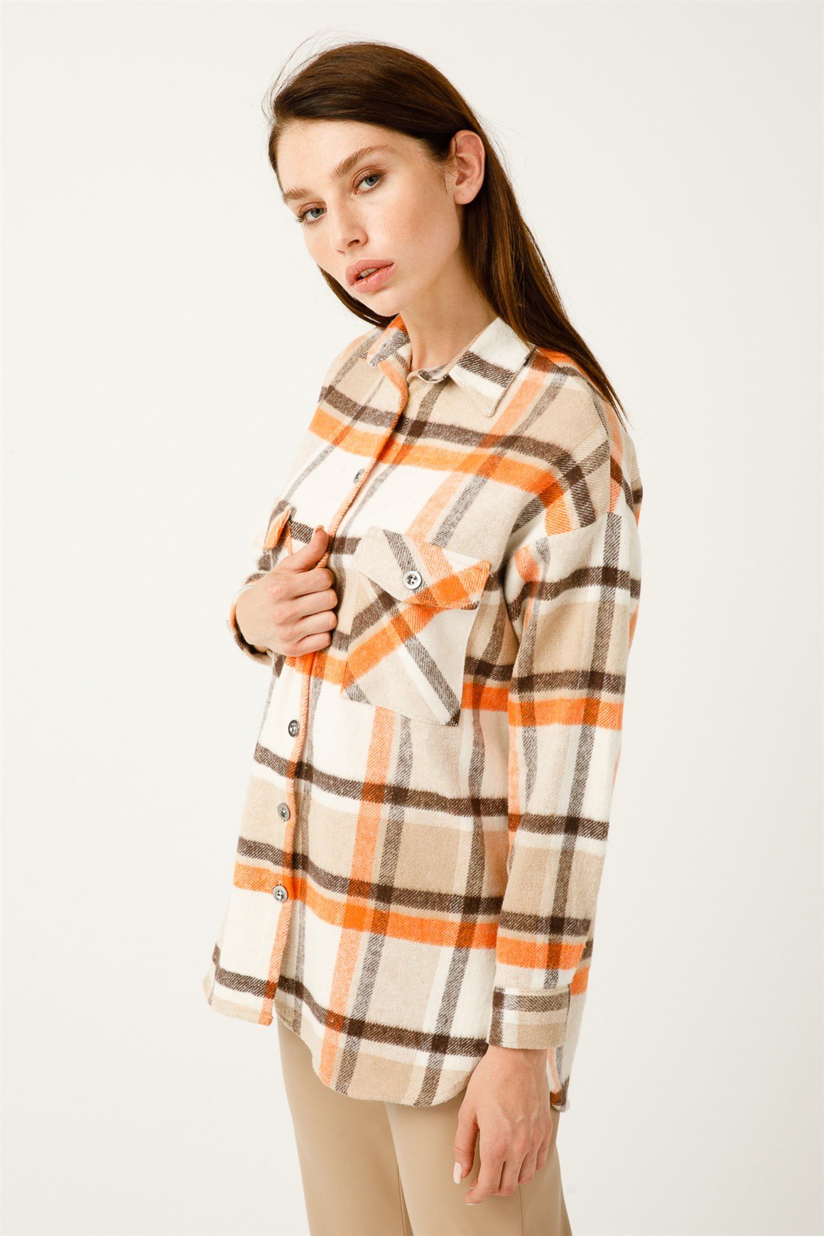 Çift Cep Ekose Gömlek  Oranj