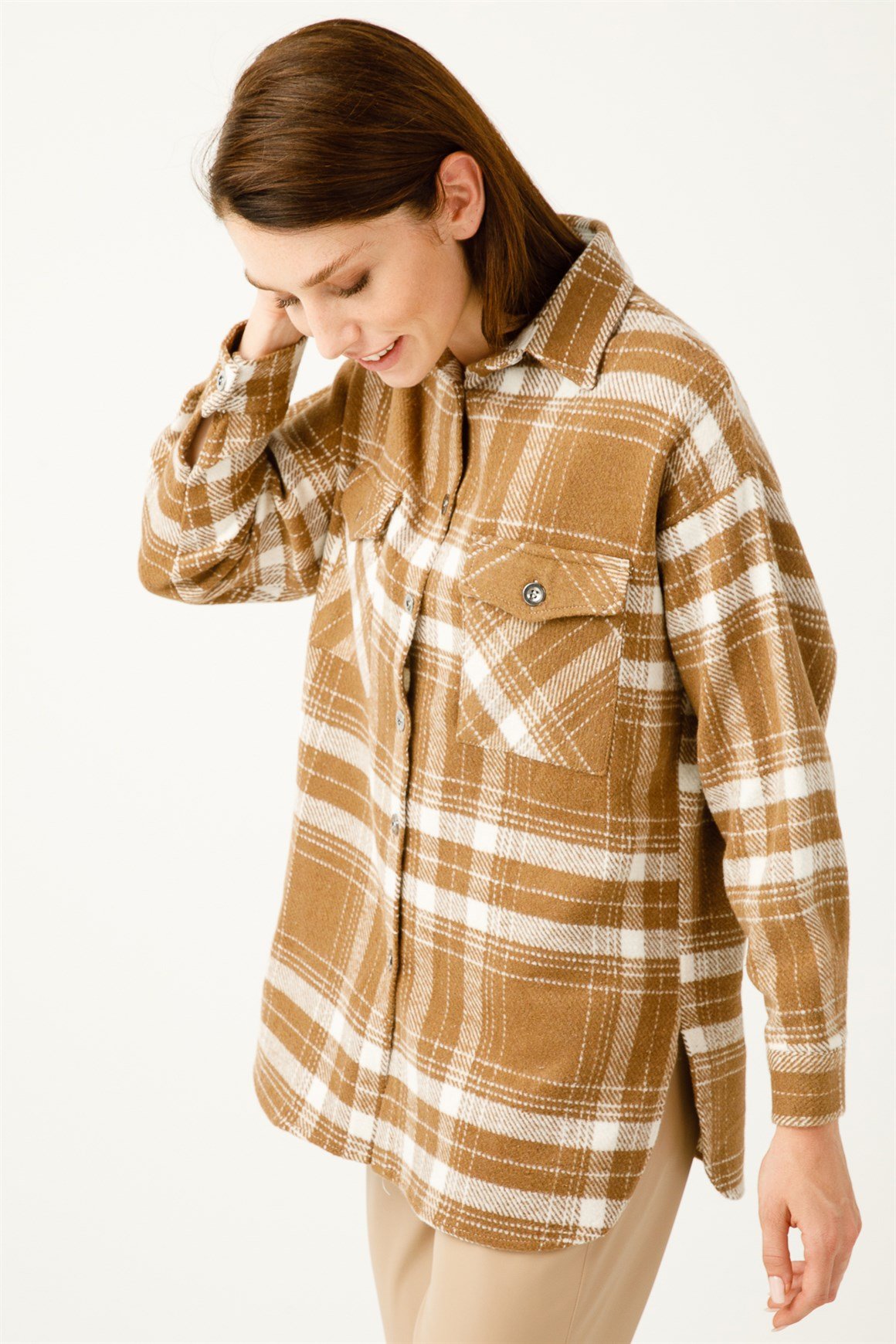 Çift Cep Ekose Gömlek  Taba