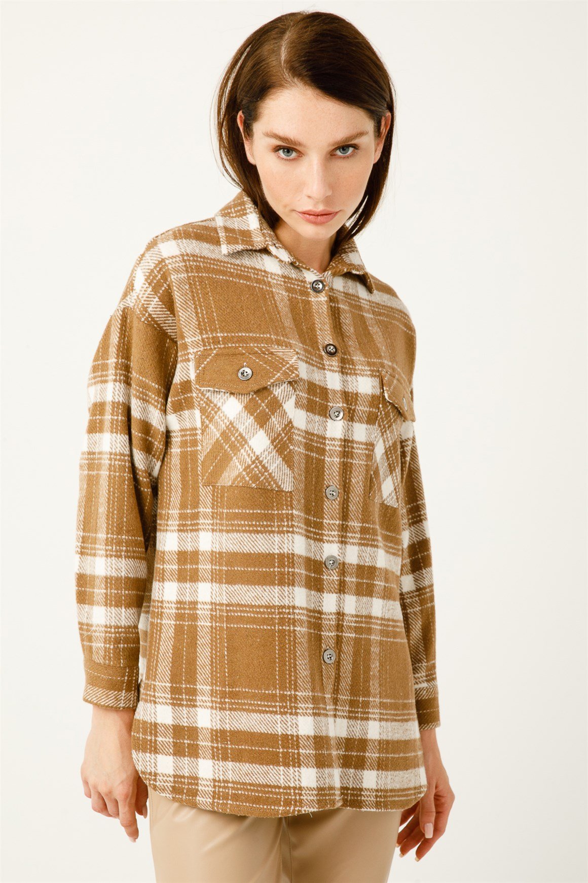 Çift Cep Ekose Gömlek  Taba