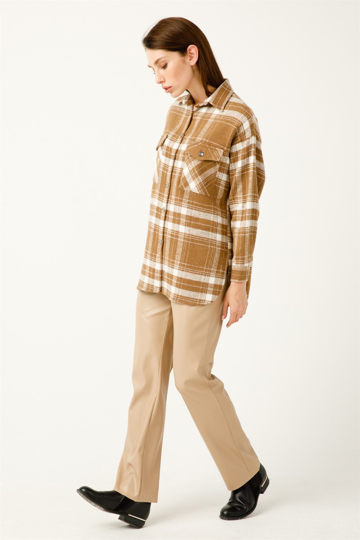 Çift Cep Ekose Gömlek  Taba