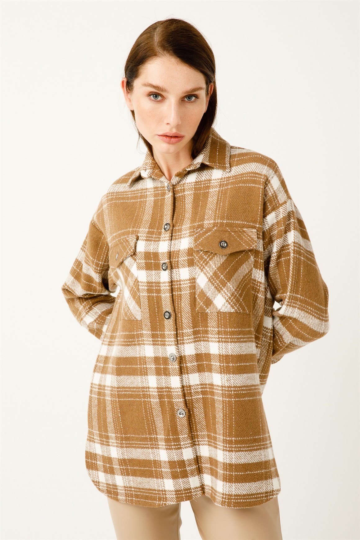 Çift Cep Ekose Gömlek  Taba