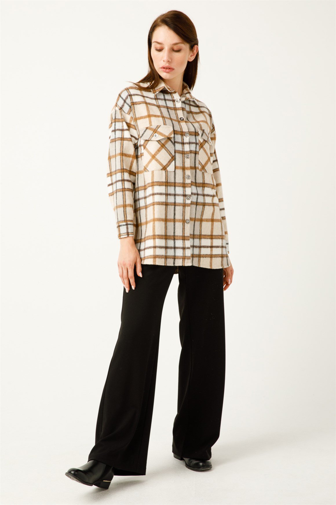 Çift Cep Ekose Gömlek  Vizon