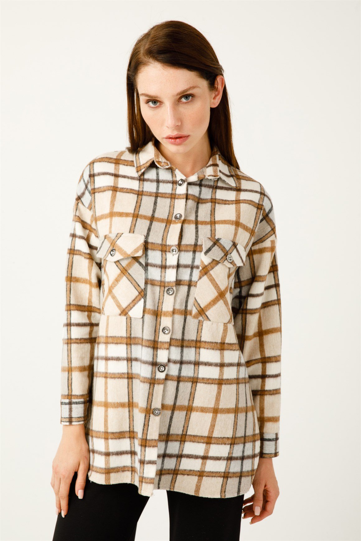 Çift Cep Ekose Gömlek  Vizon