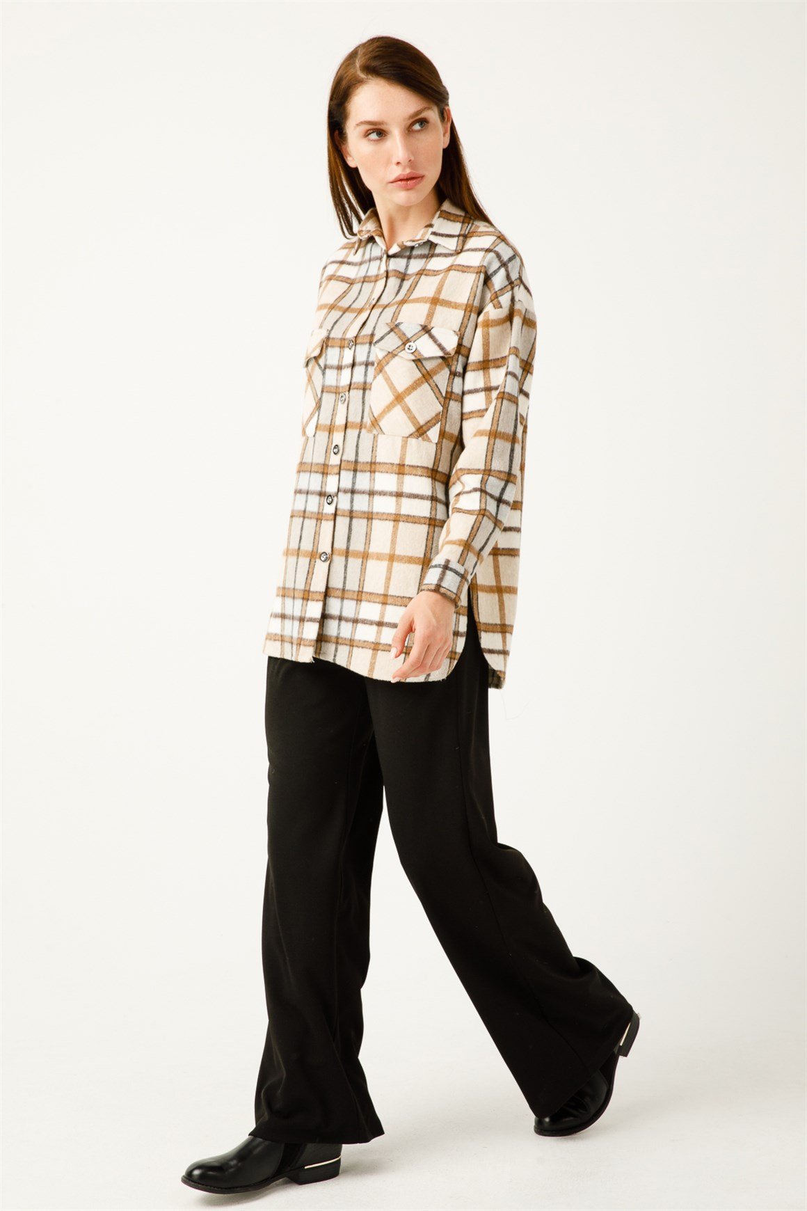 Çift Cep Ekose Gömlek  Vizon