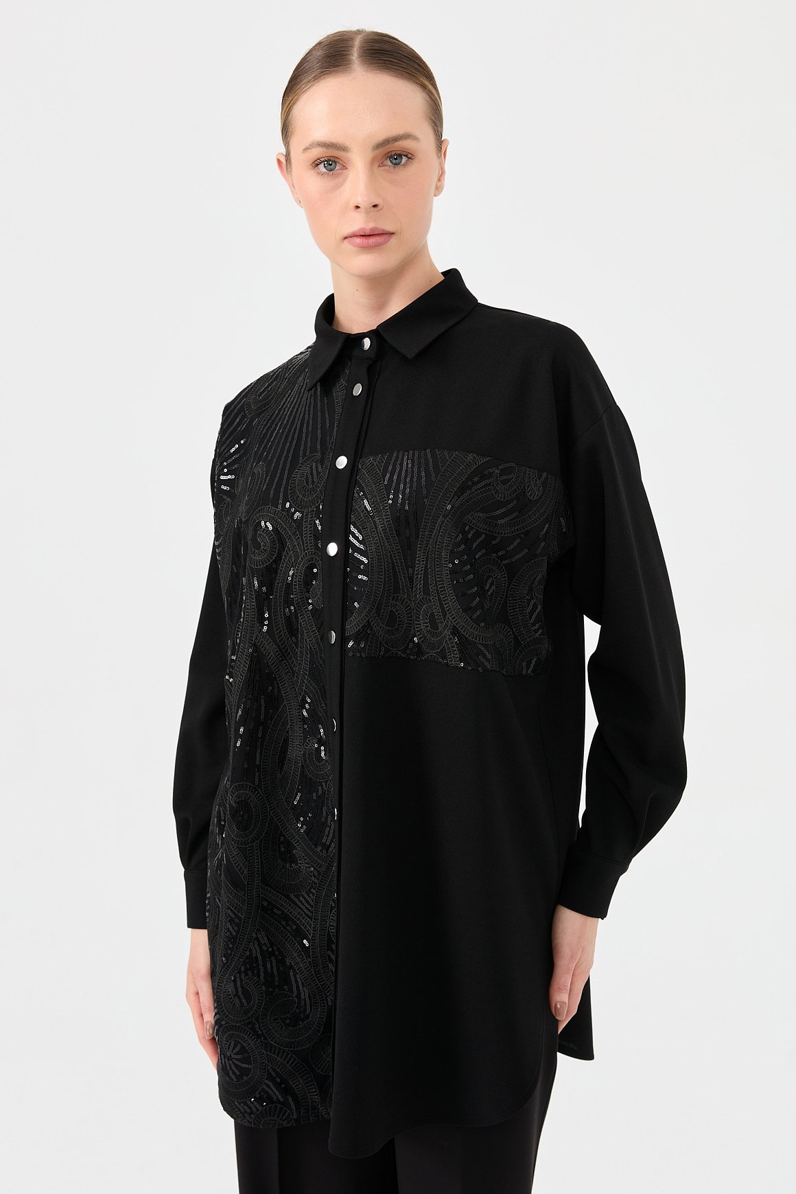 Dantel Detaylı Şık Gömlek  Siyah