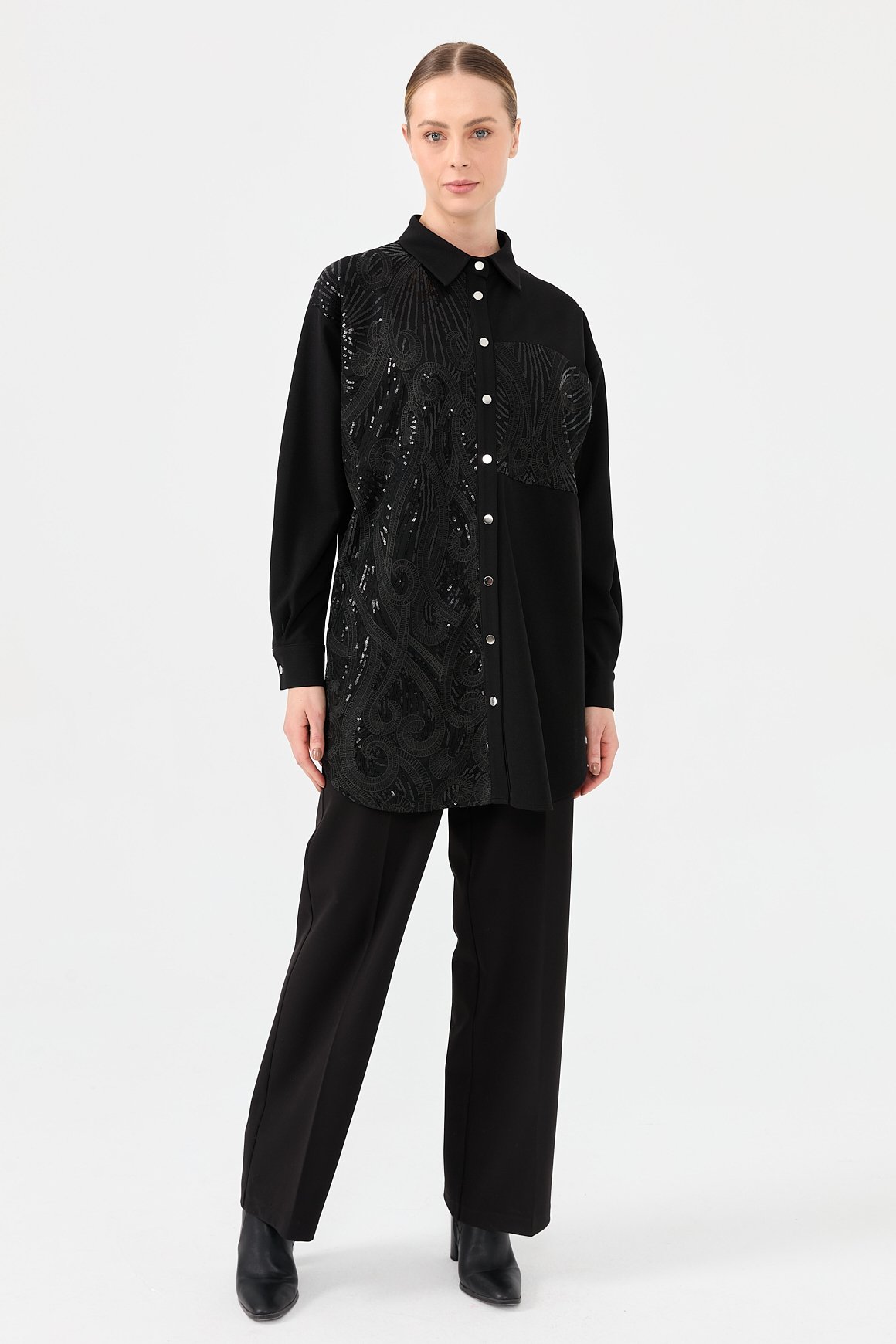 Dantel Detaylı Şık Gömlek  Siyah