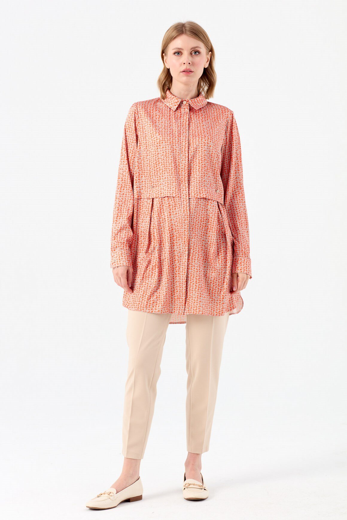 Leopar Desen Baskılı Tunik  Oranj
