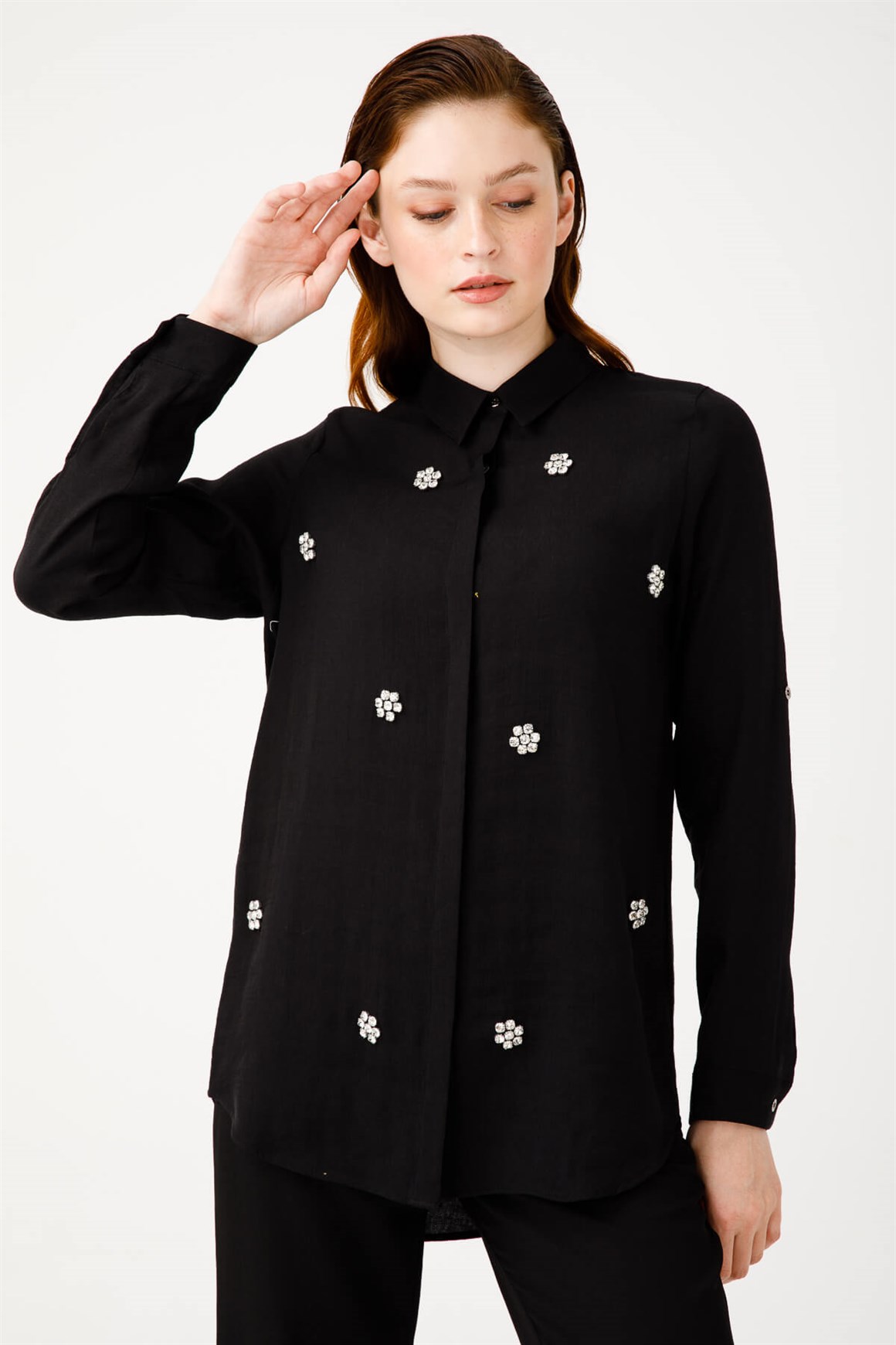 Önü Taş İşli Gömlek  Siyah