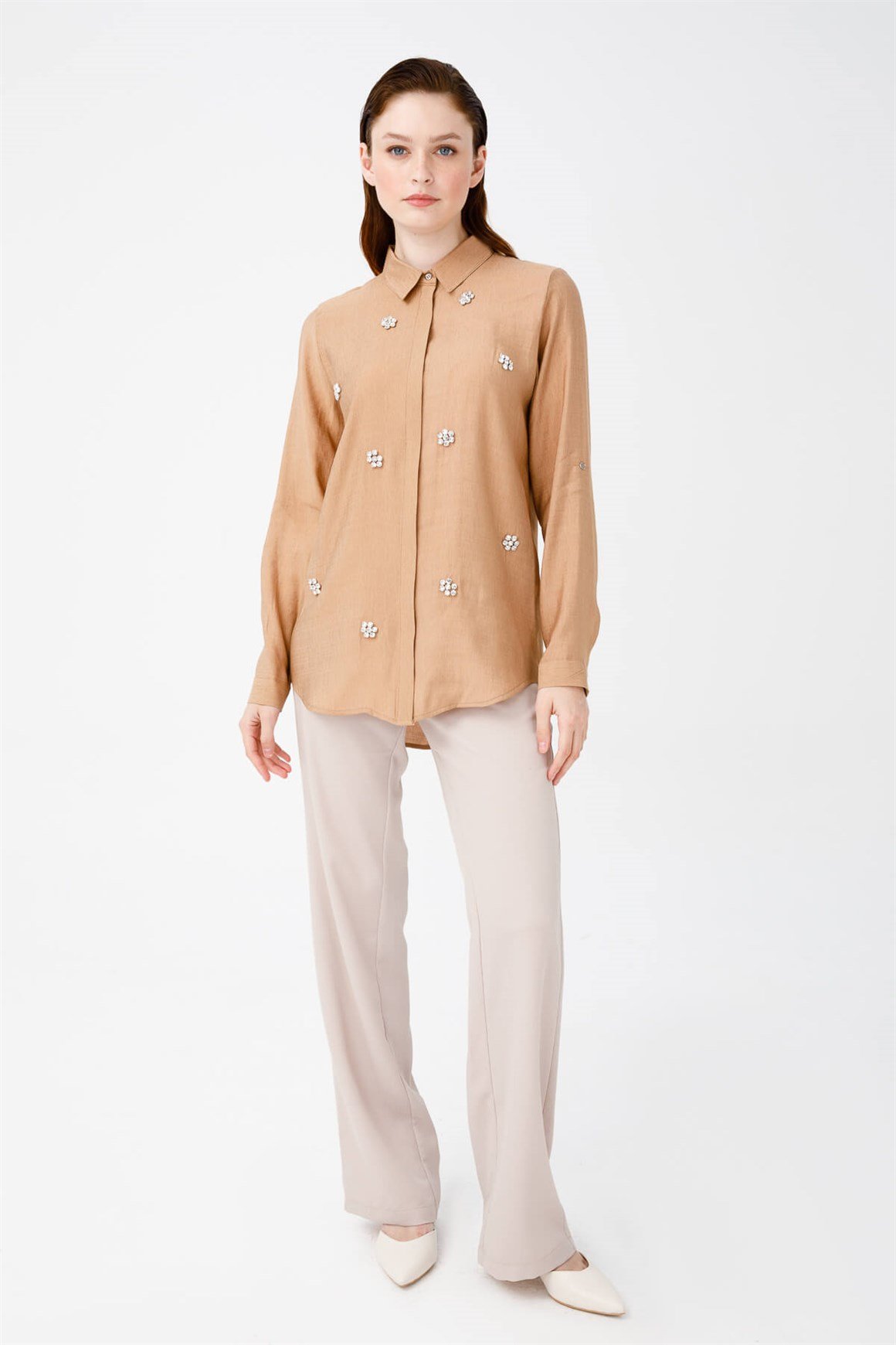 Önü Taş İşli Gömlek  Vizon