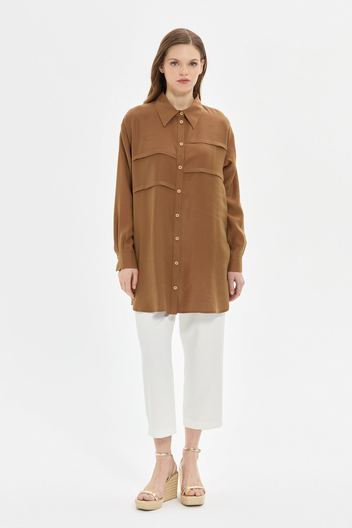 Pili Detaylı Gömlek  Kahve