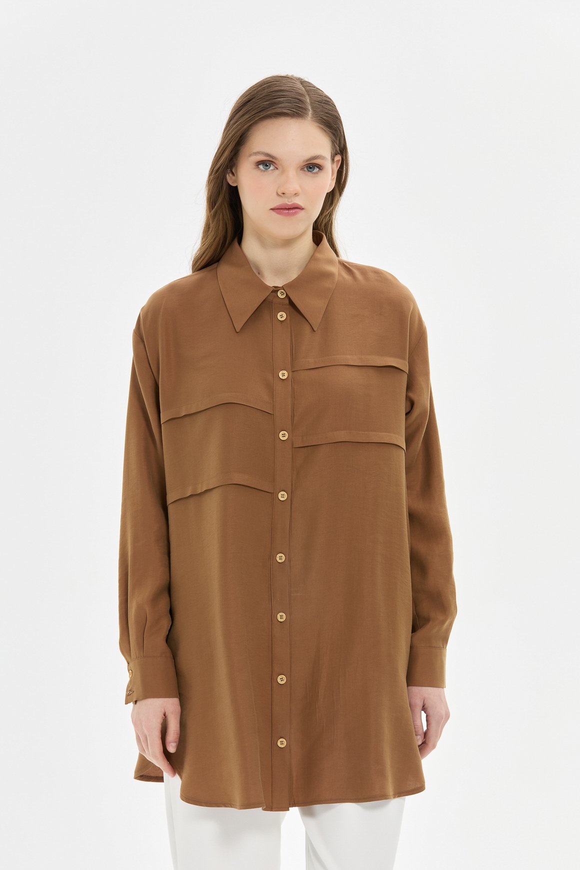 Pili Detaylı Gömlek  Kahve
