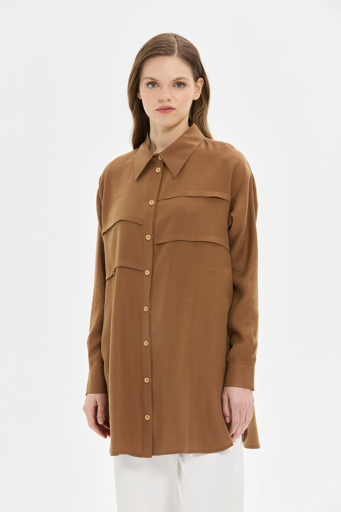 Pili Detaylı Gömlek  Kahve