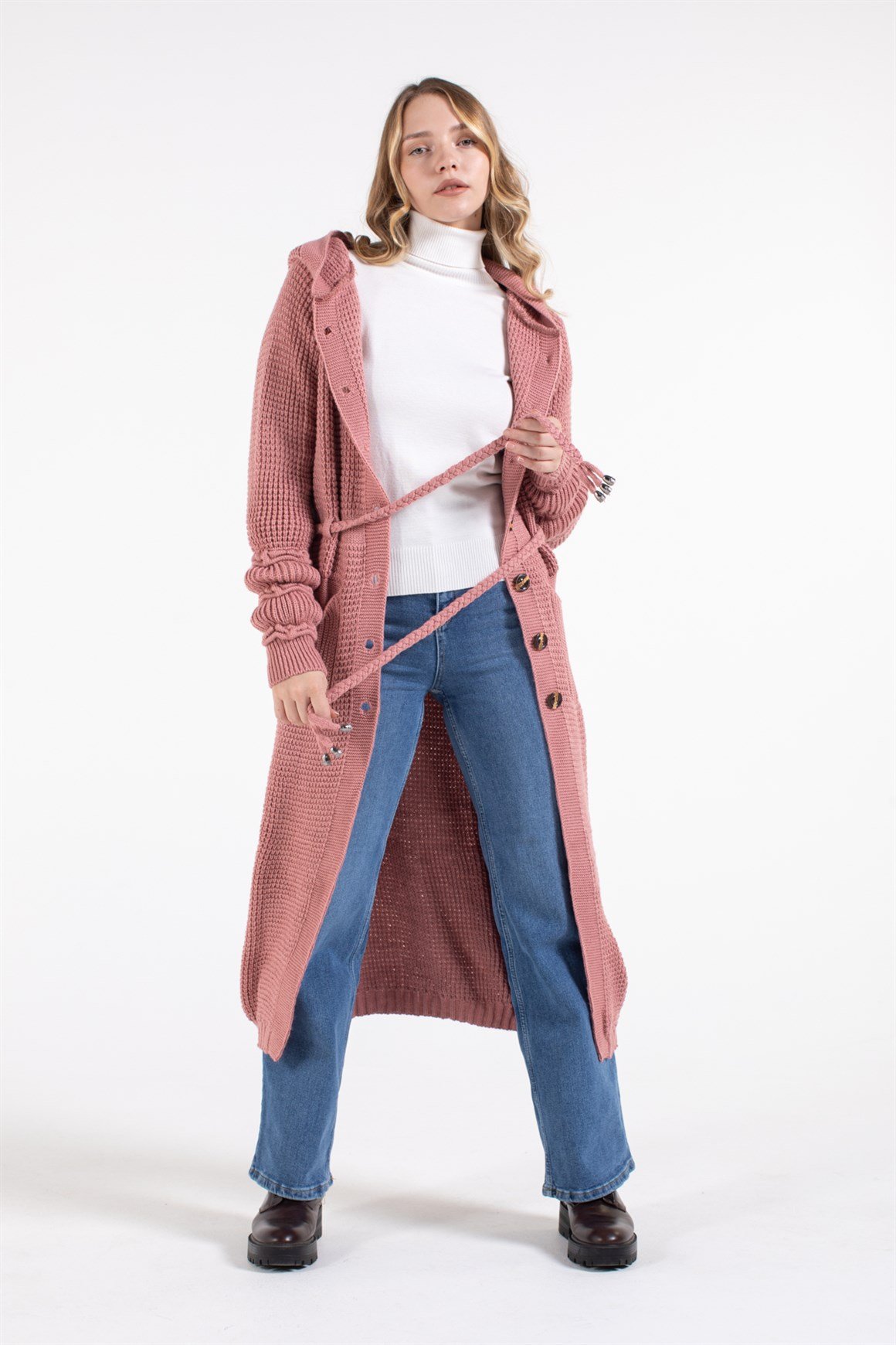 Belden Bağlamalı Çift Cepli Kapişonlu Uzun Hırka  Gül Kurusu