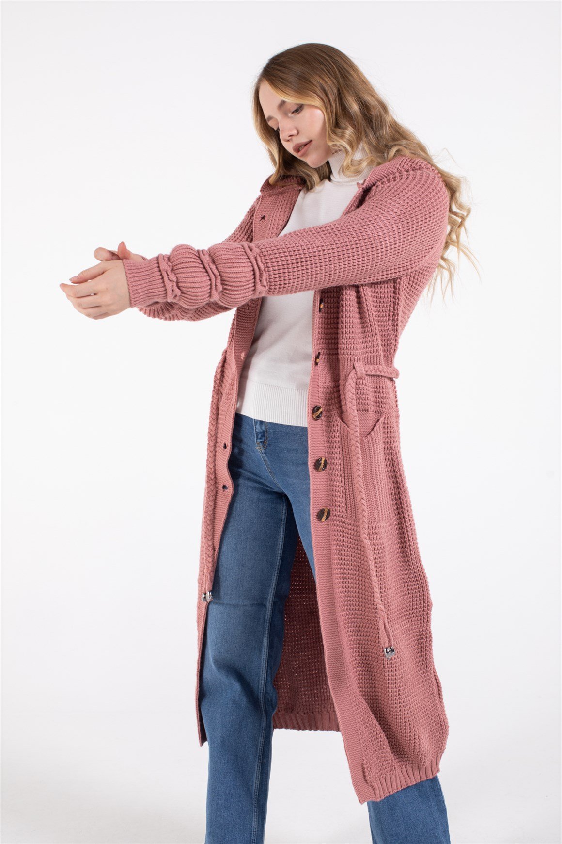 Belden Bağlamalı Çift Cepli Kapişonlu Uzun Hırka  Gül Kurusu