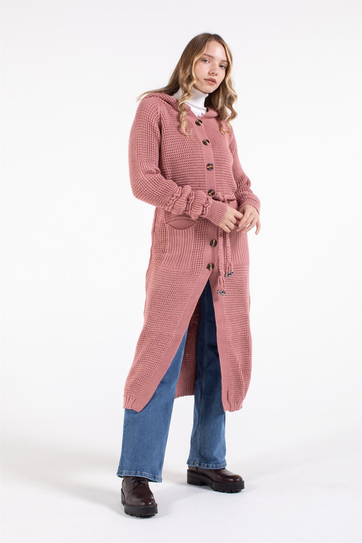 Belden Bağlamalı Çift Cepli Kapişonlu Uzun Hırka  Gül Kurusu